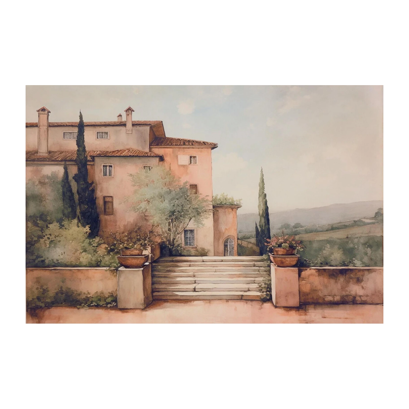 Tuscan Villa Landscape Watercolor Wall Art