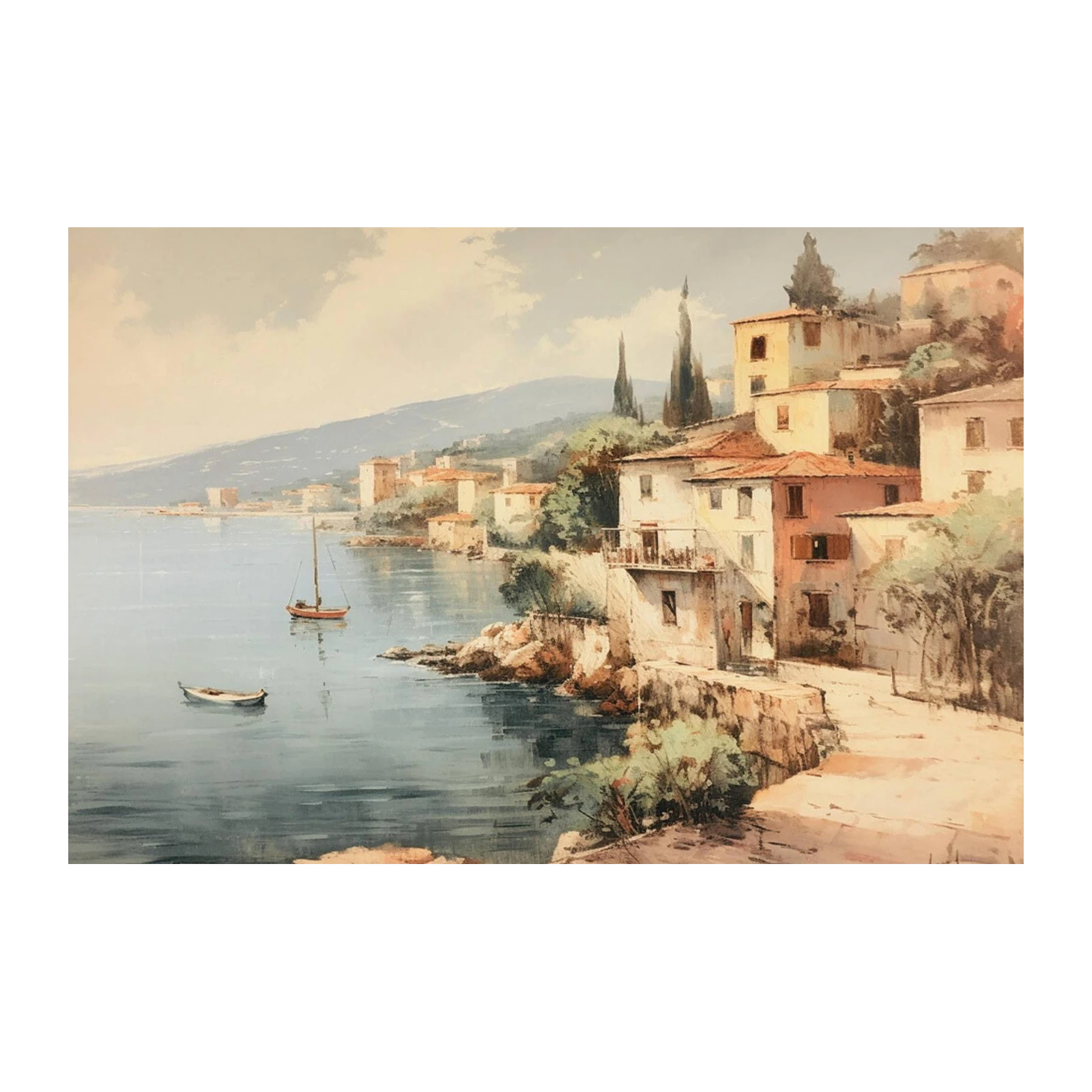 Serene Coastal Village Landscape Wall Art