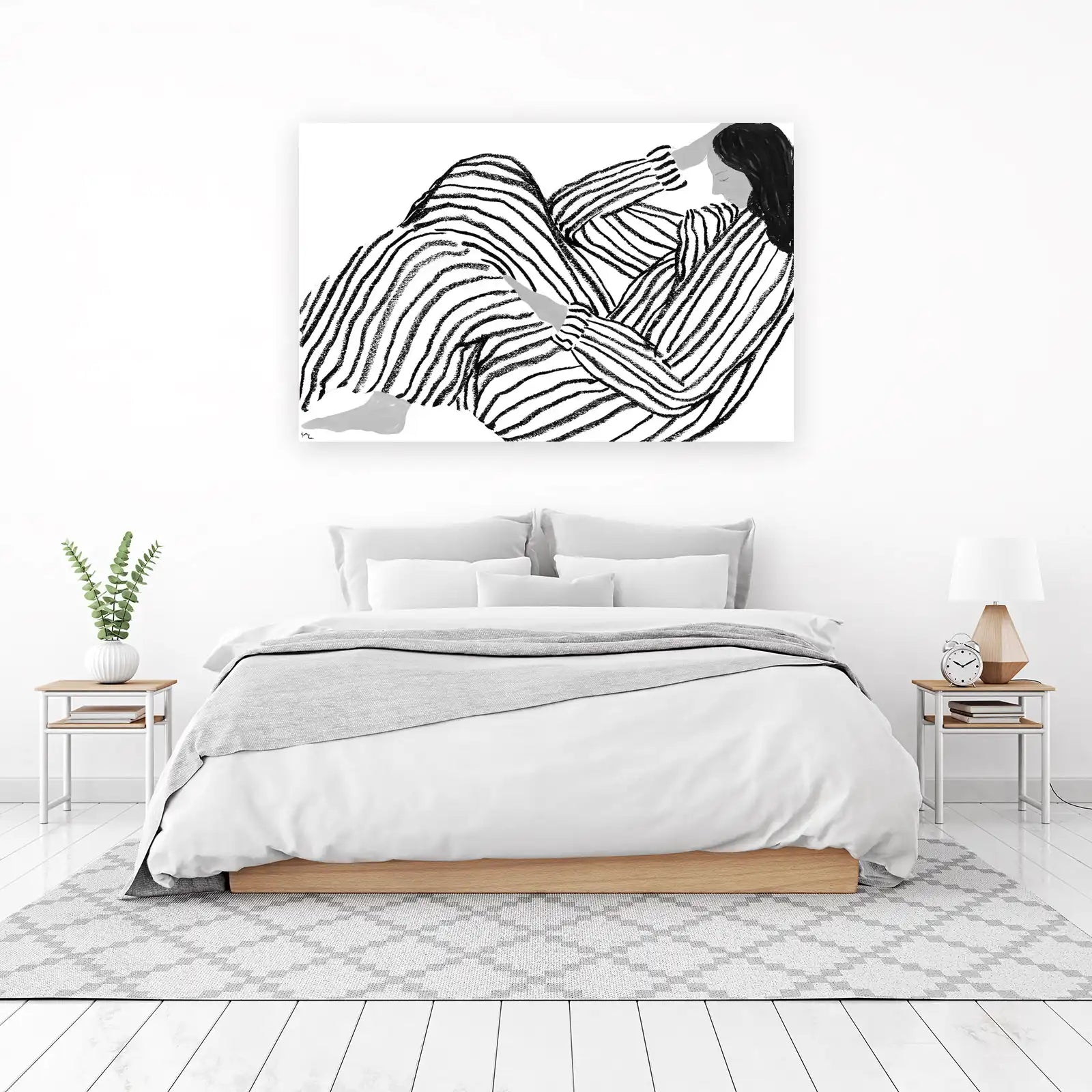 Monochrome Stripes Woman Relaxing Wall Art