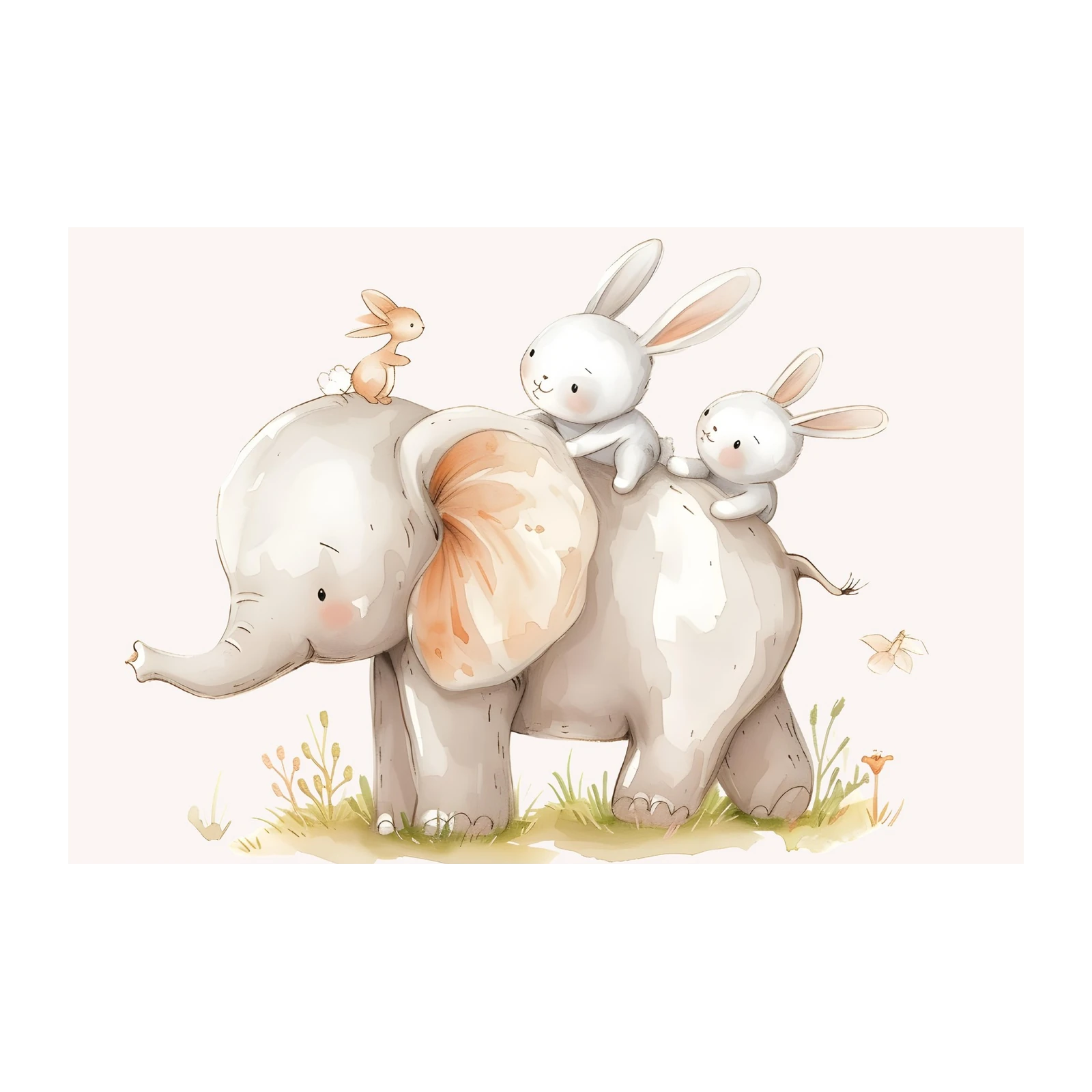 Adorable Baby Elephant & Bunnies Watercolor Wall Art