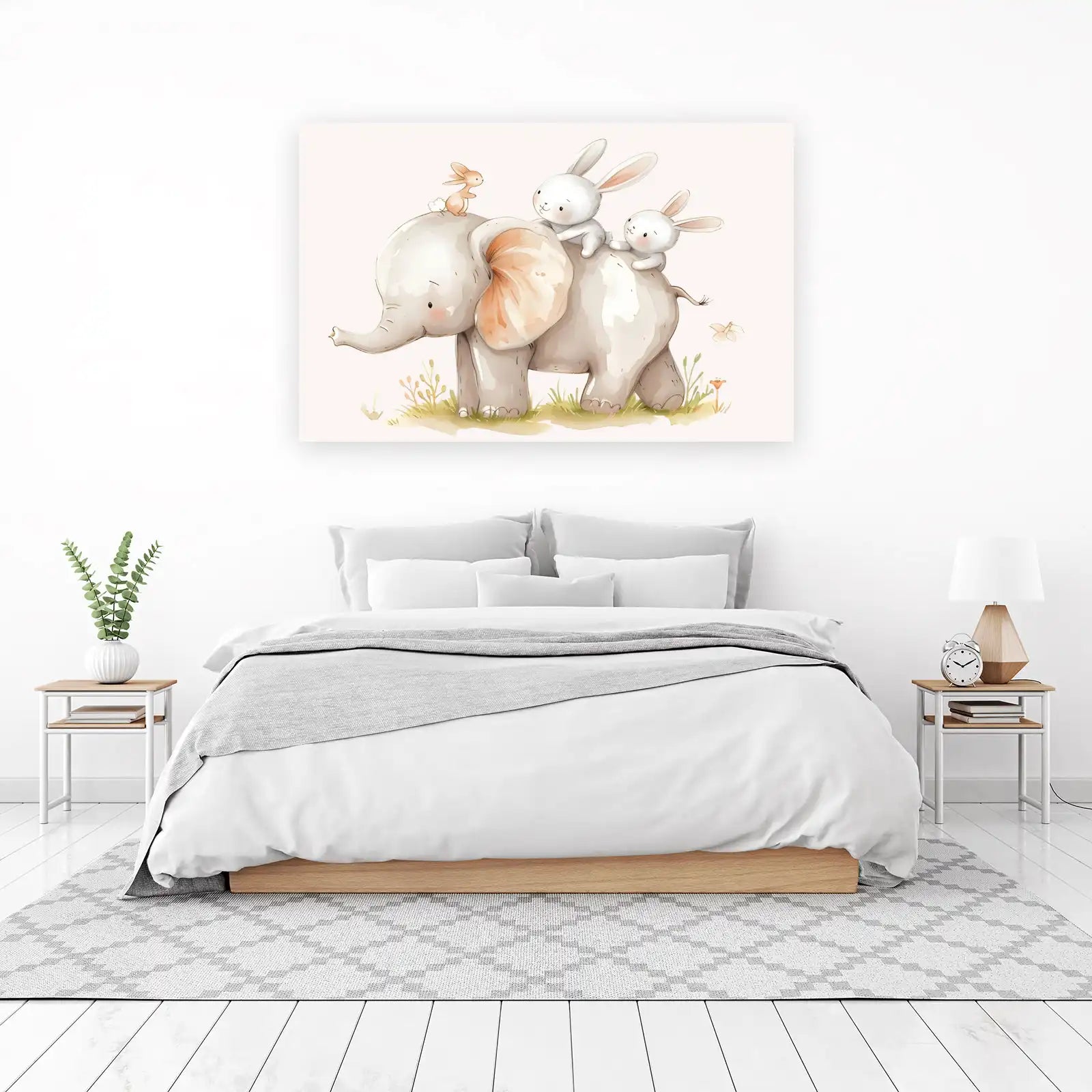 Adorable Baby Elephant & Bunnies Watercolor Wall Art
