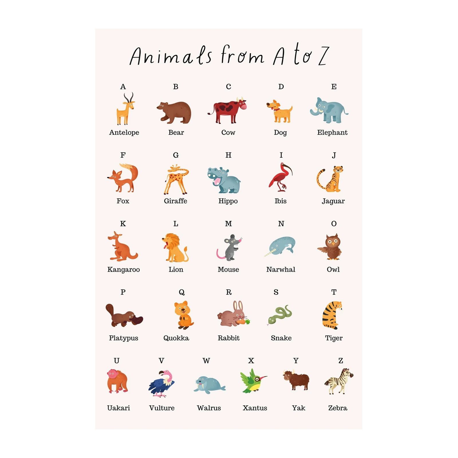 Animals A-Z Alphabet Cute Kids Wall Art