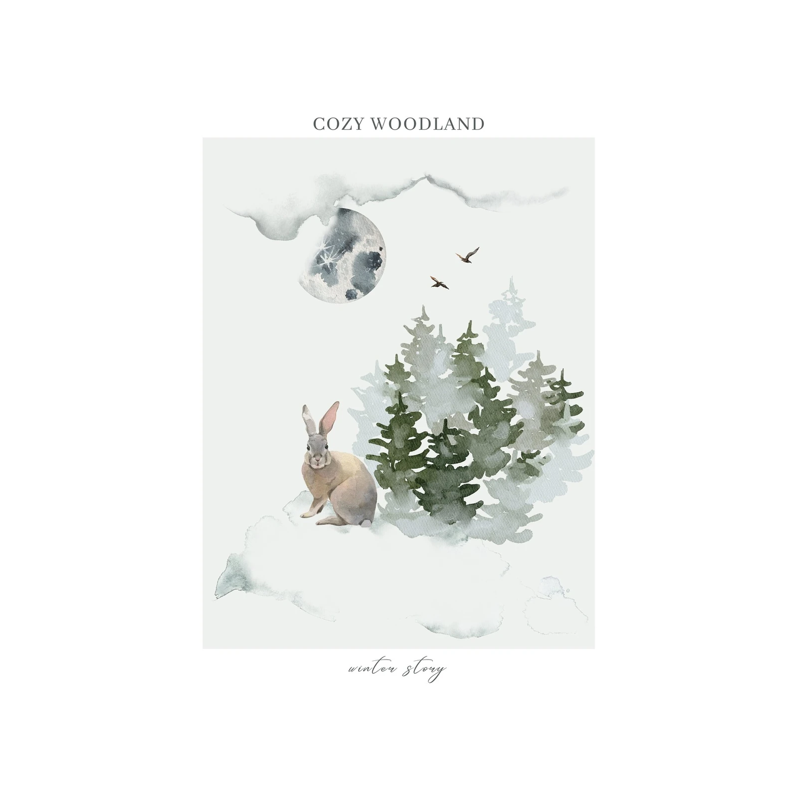 Cozy Woodland Rabbit Moon Wall Art