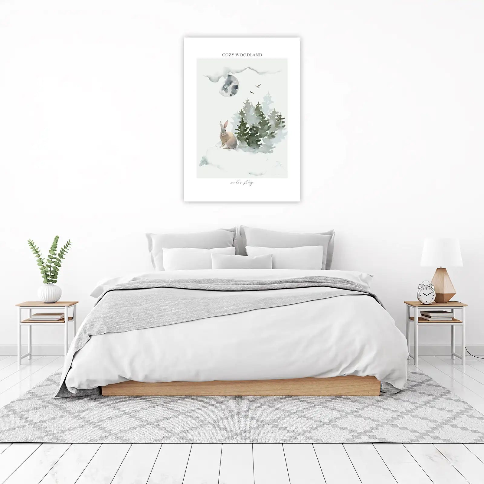 Cozy Woodland Rabbit Moon Wall Art