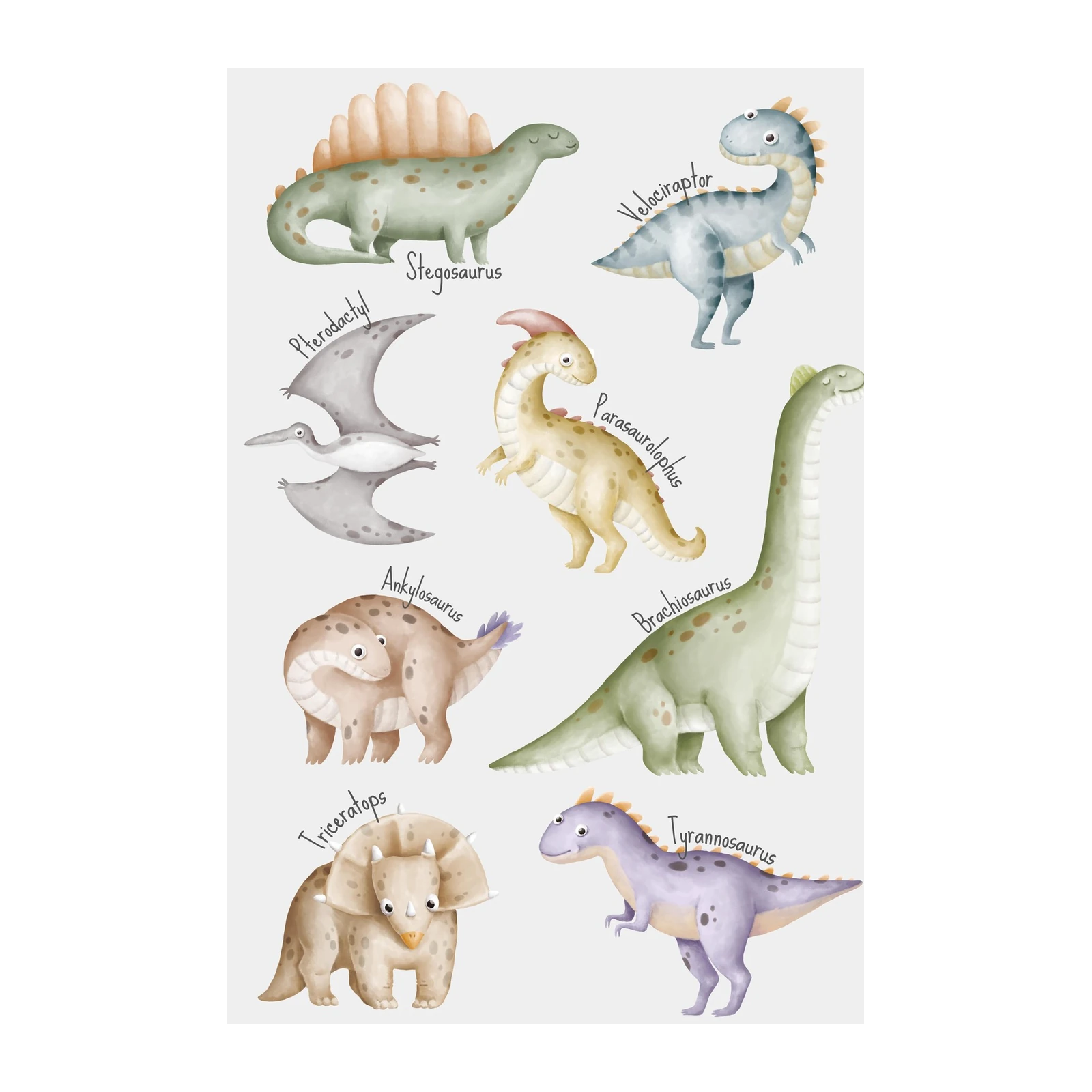 Cute Dinosaur Collection Watercolor Wall Art