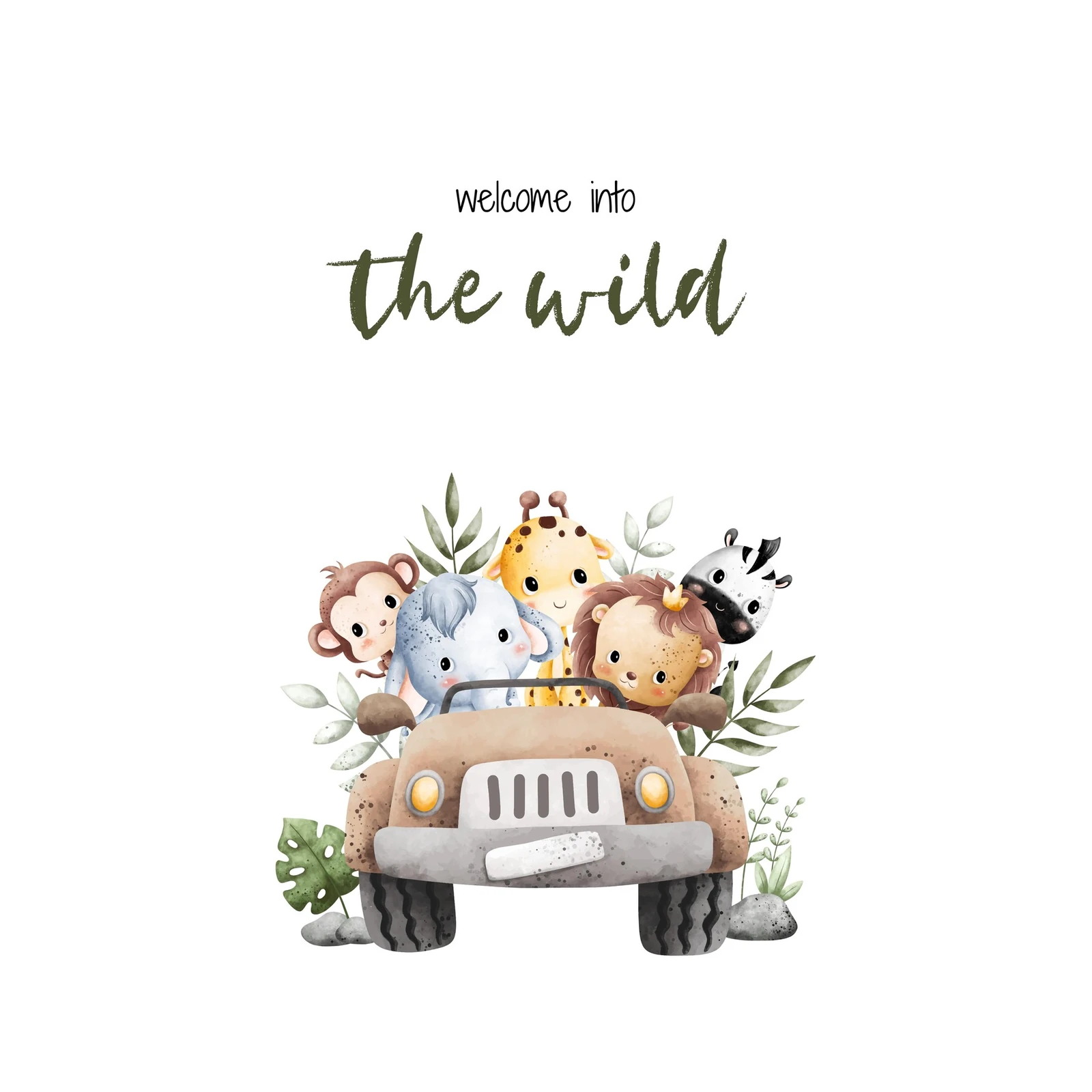 Cute Safari Animals Jeep Adventure Wall Art