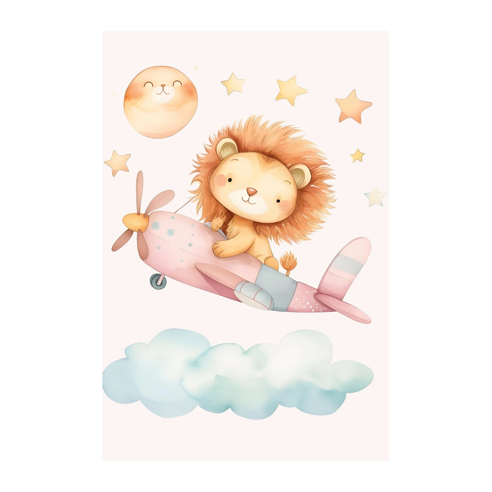 Cute Lion Flying Plane Watercolor Wall Art