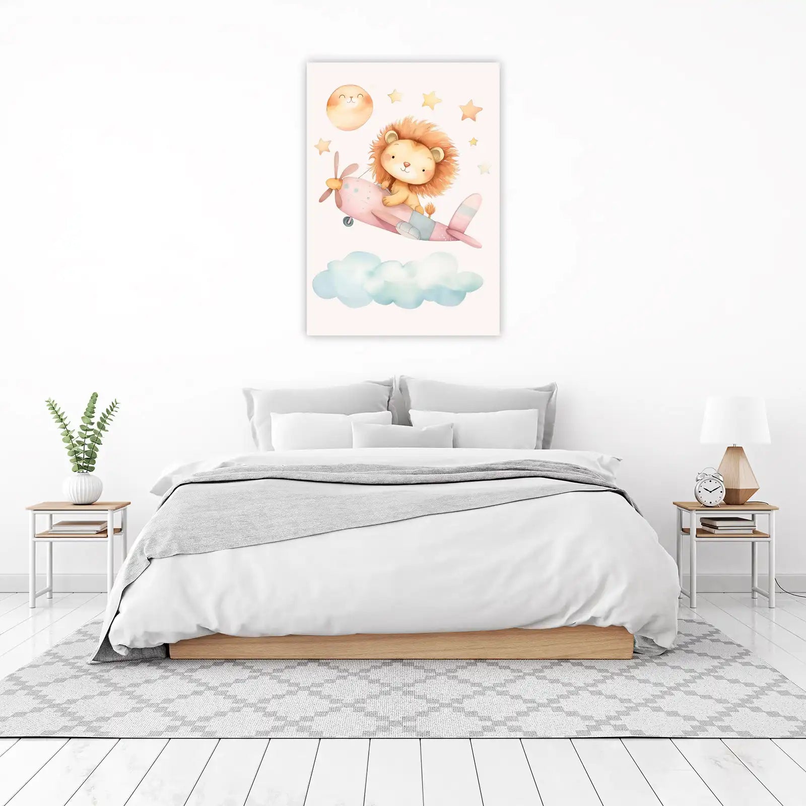 Cute Lion Flying Plane Watercolor Wall Art