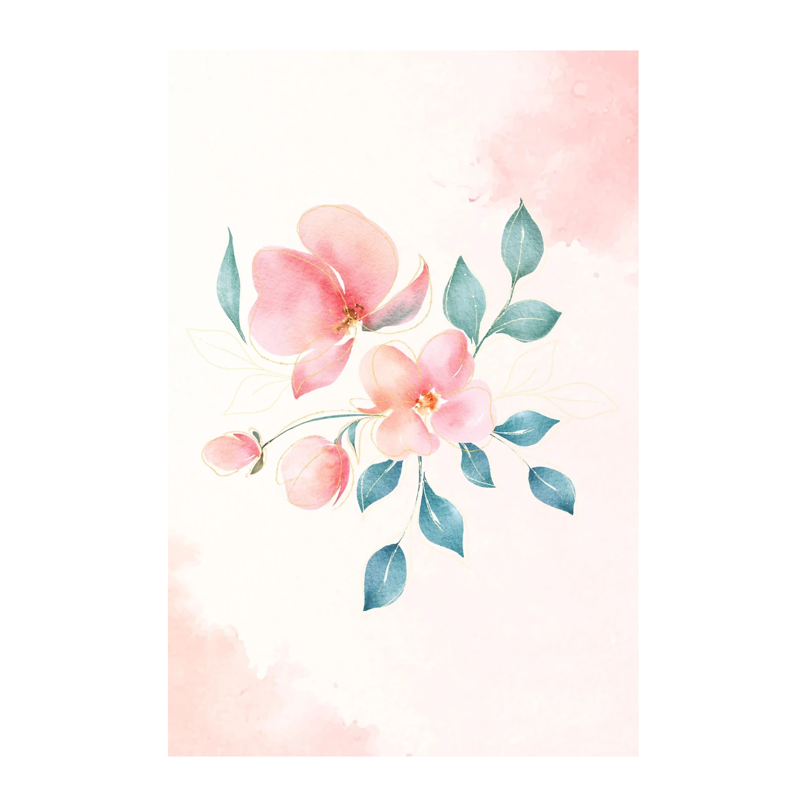 Soft Pink Floral Watercolour Gold Outline Wall Art