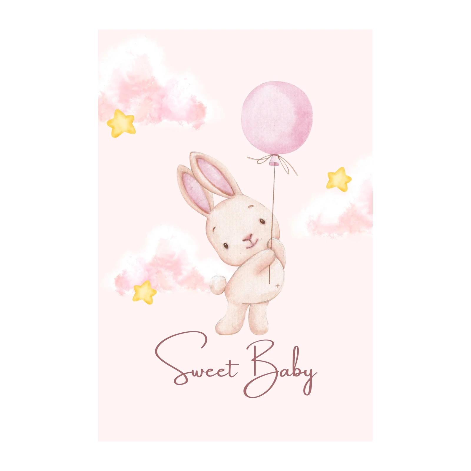 Sweet Baby Bunny Balloon Watercolor Wall Art