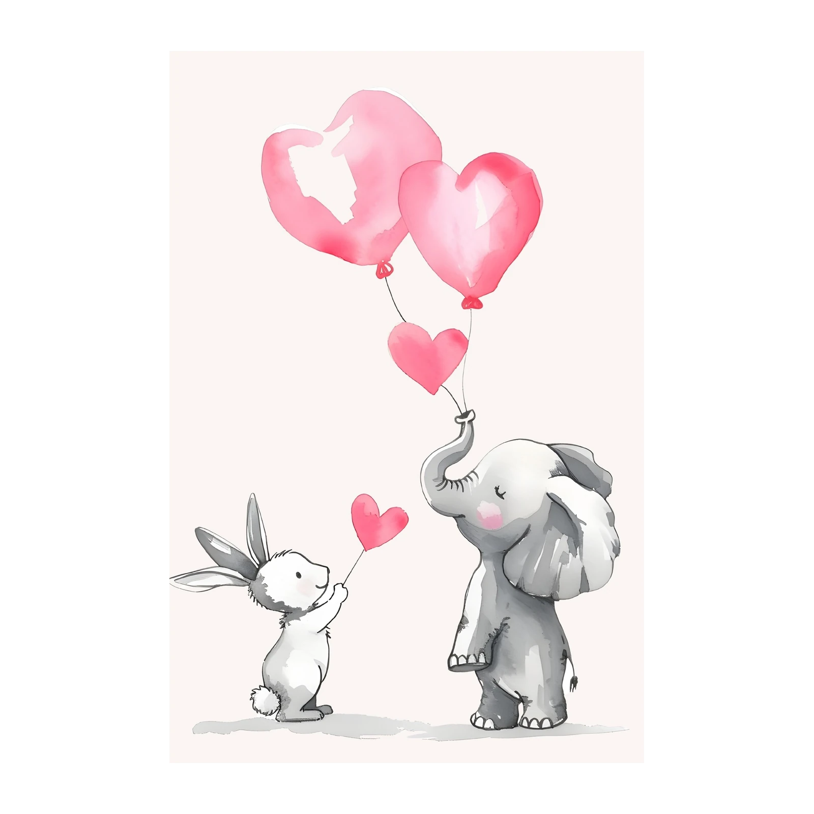 Cute Elephant & Bunny Heart Balloons Wall Art