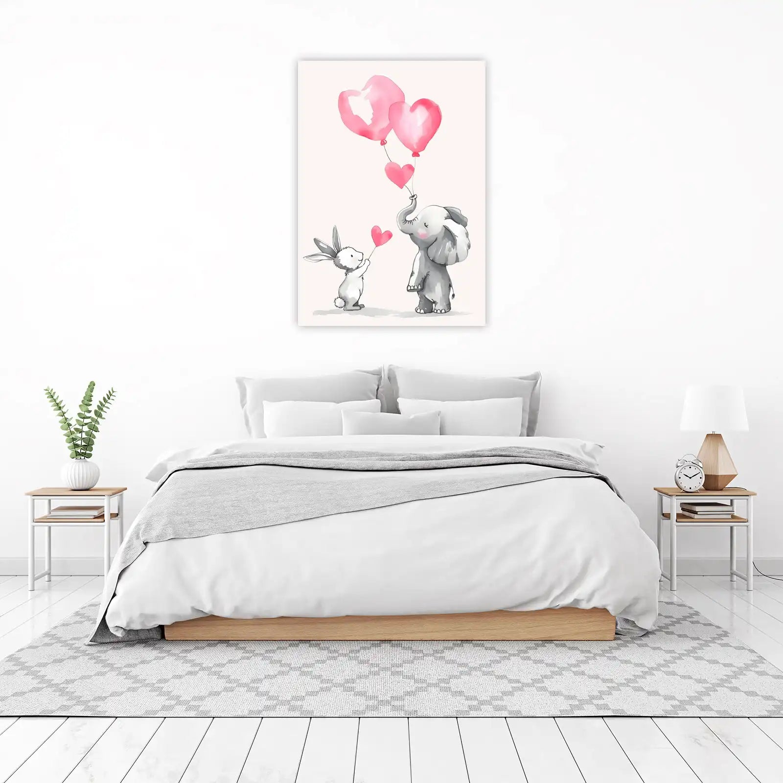 Cute Elephant & Bunny Heart Balloons Wall Art
