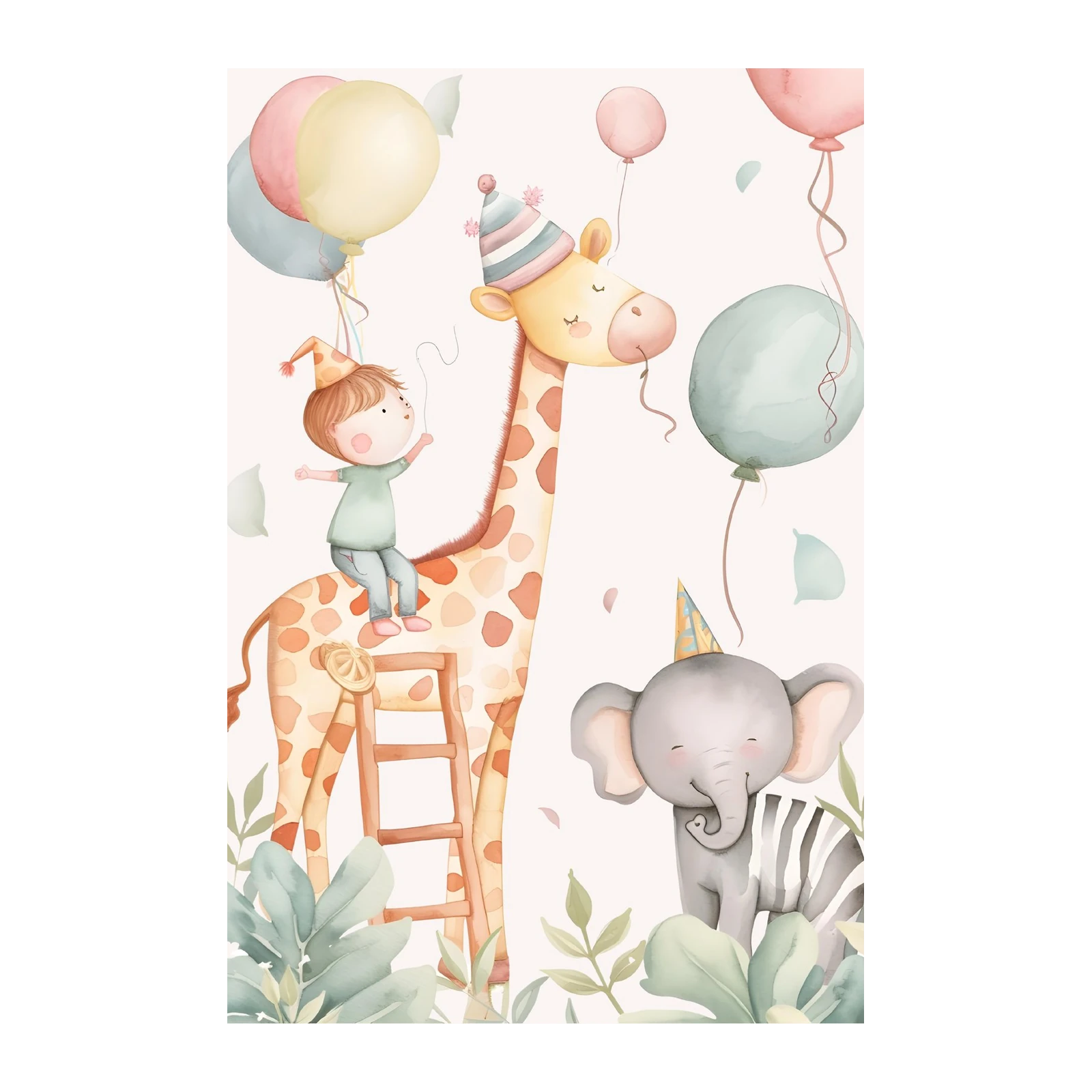 Whimsical Giraffe & Elephant Safari Birthday Wall Art