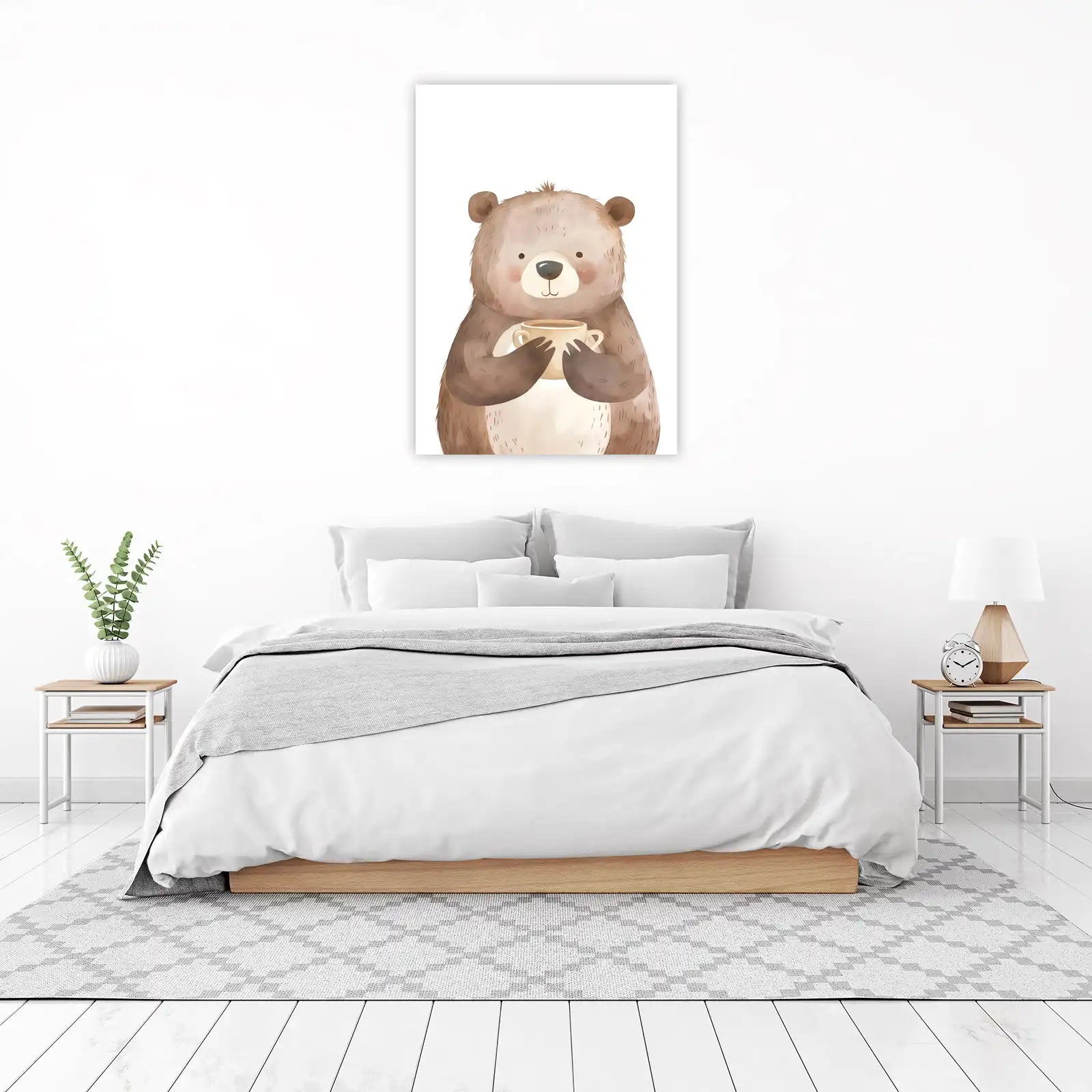 Cozy Bear with Coffee Watercolor Wall Art