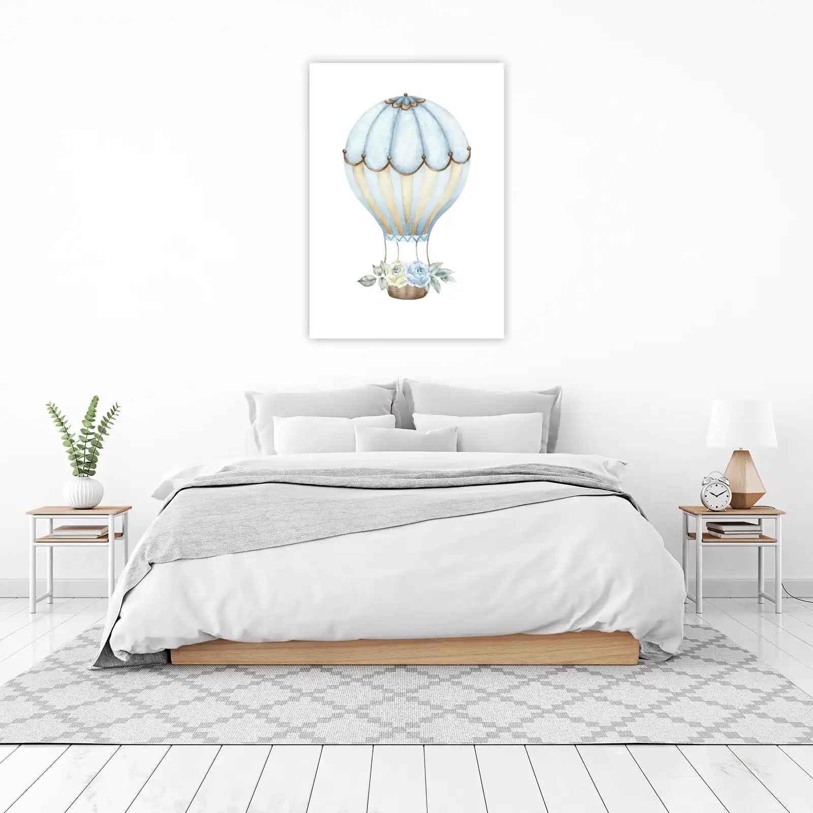Whimsical Blue Hot Air Balloon & Flowers Wall Art