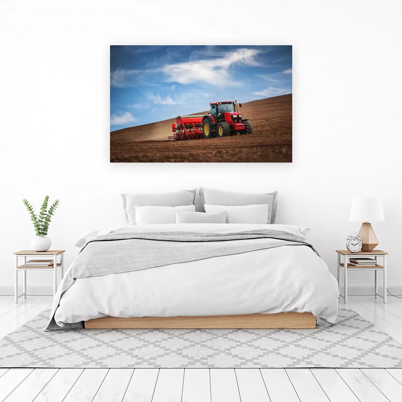 Red Tractor Tilling Field Wall Art