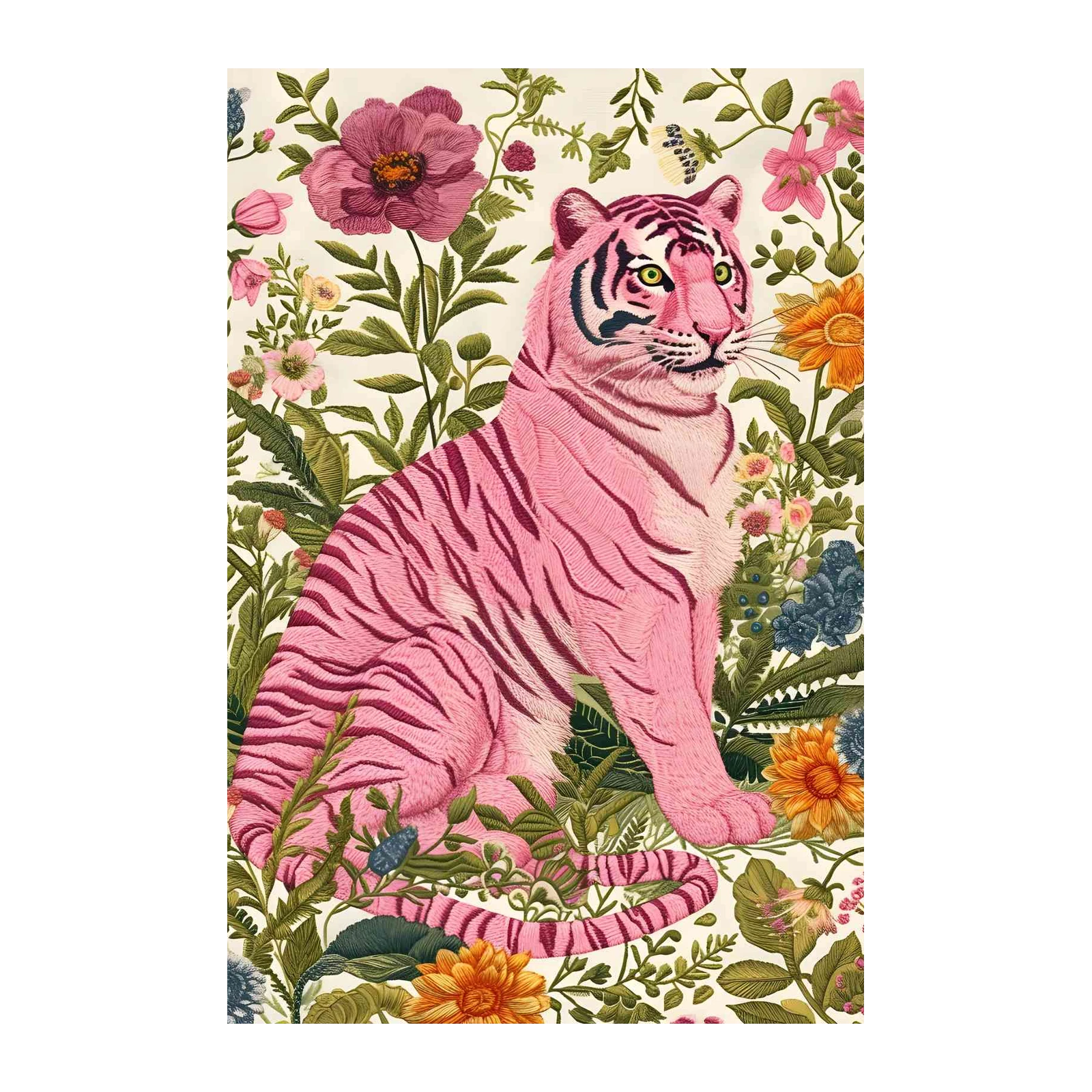Whimsical Pink Tiger Floral Garden Wall Art