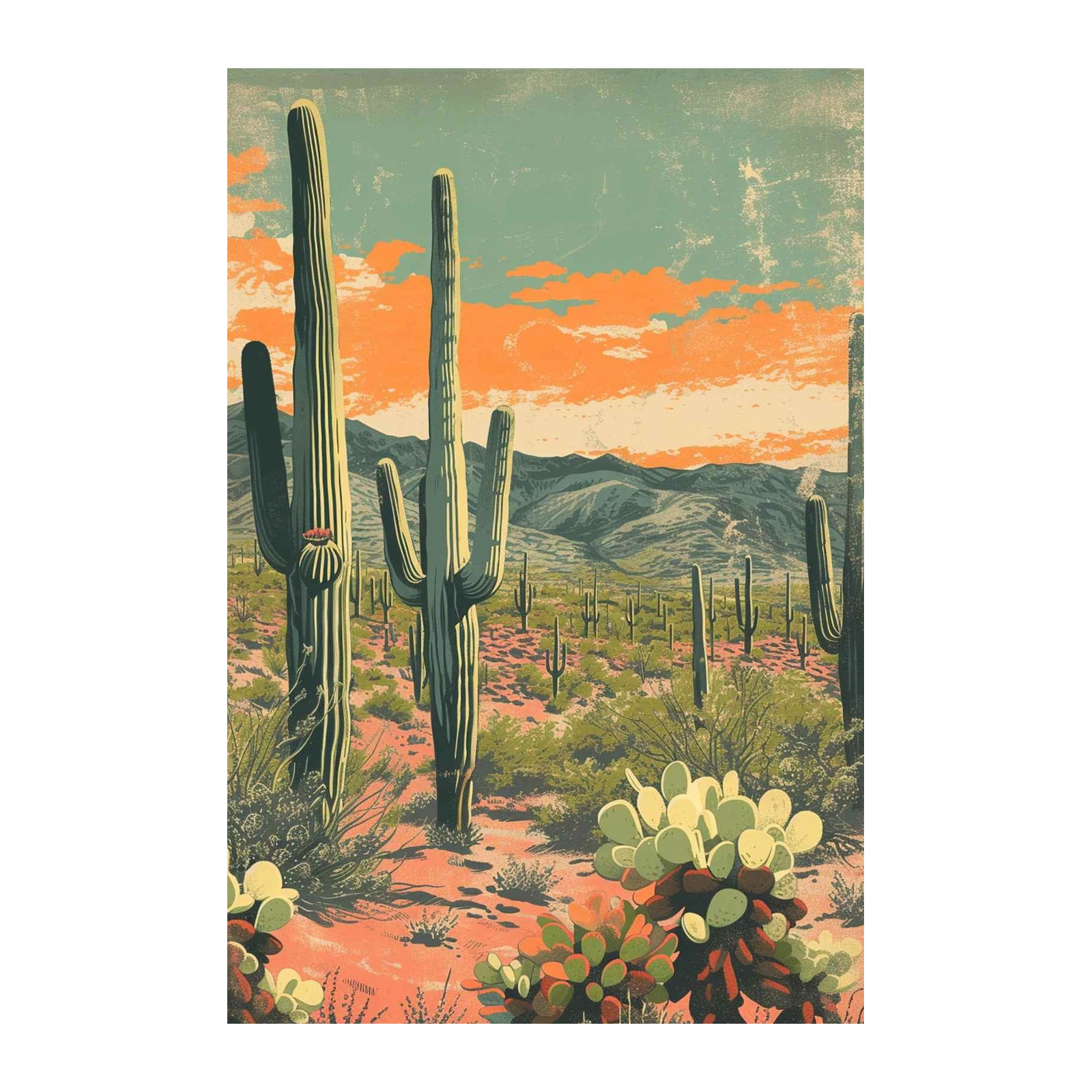Vintage Desert Sunset Saguaro Cactus Wall Art