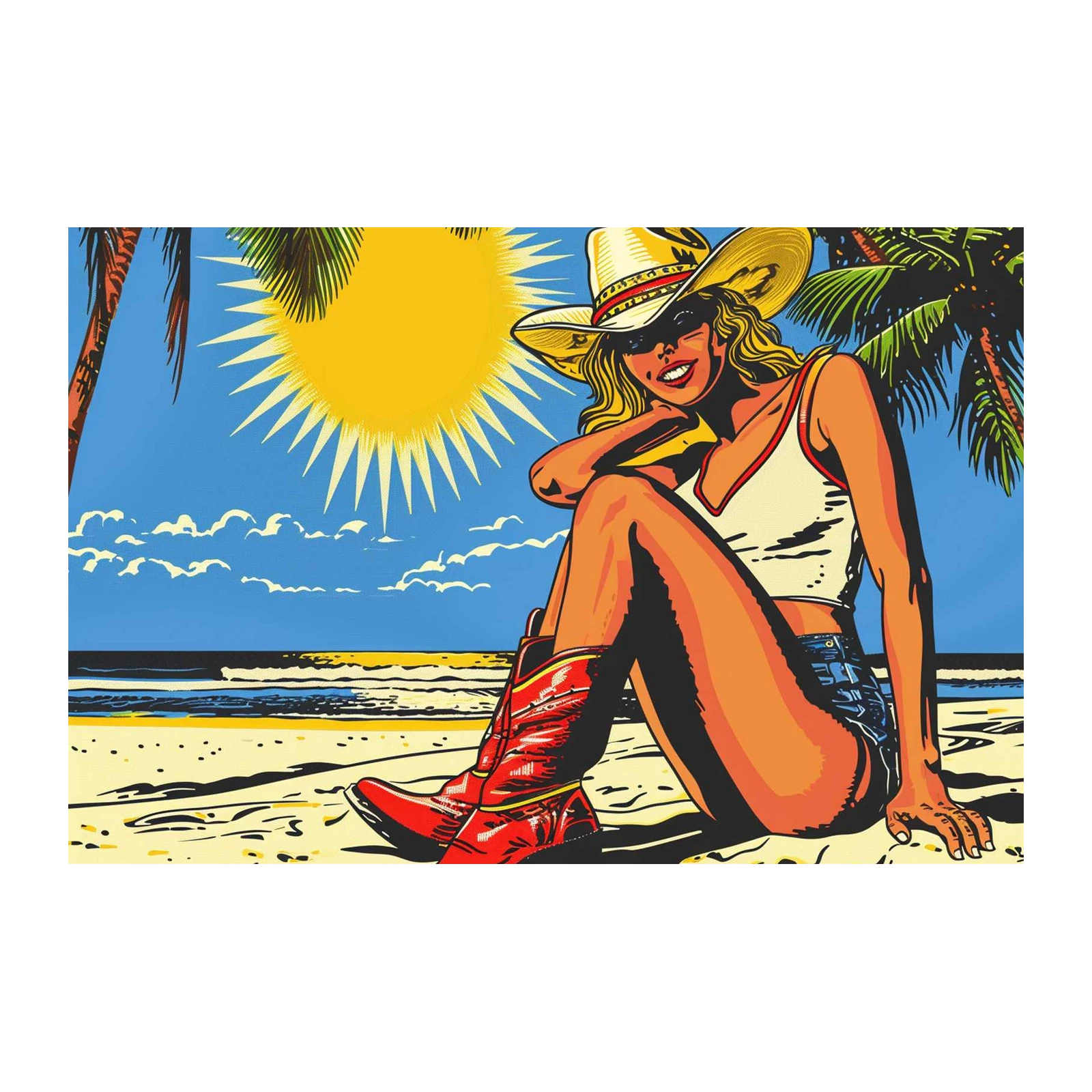 Retro Beach Babe Cowboy Hat Wall Art