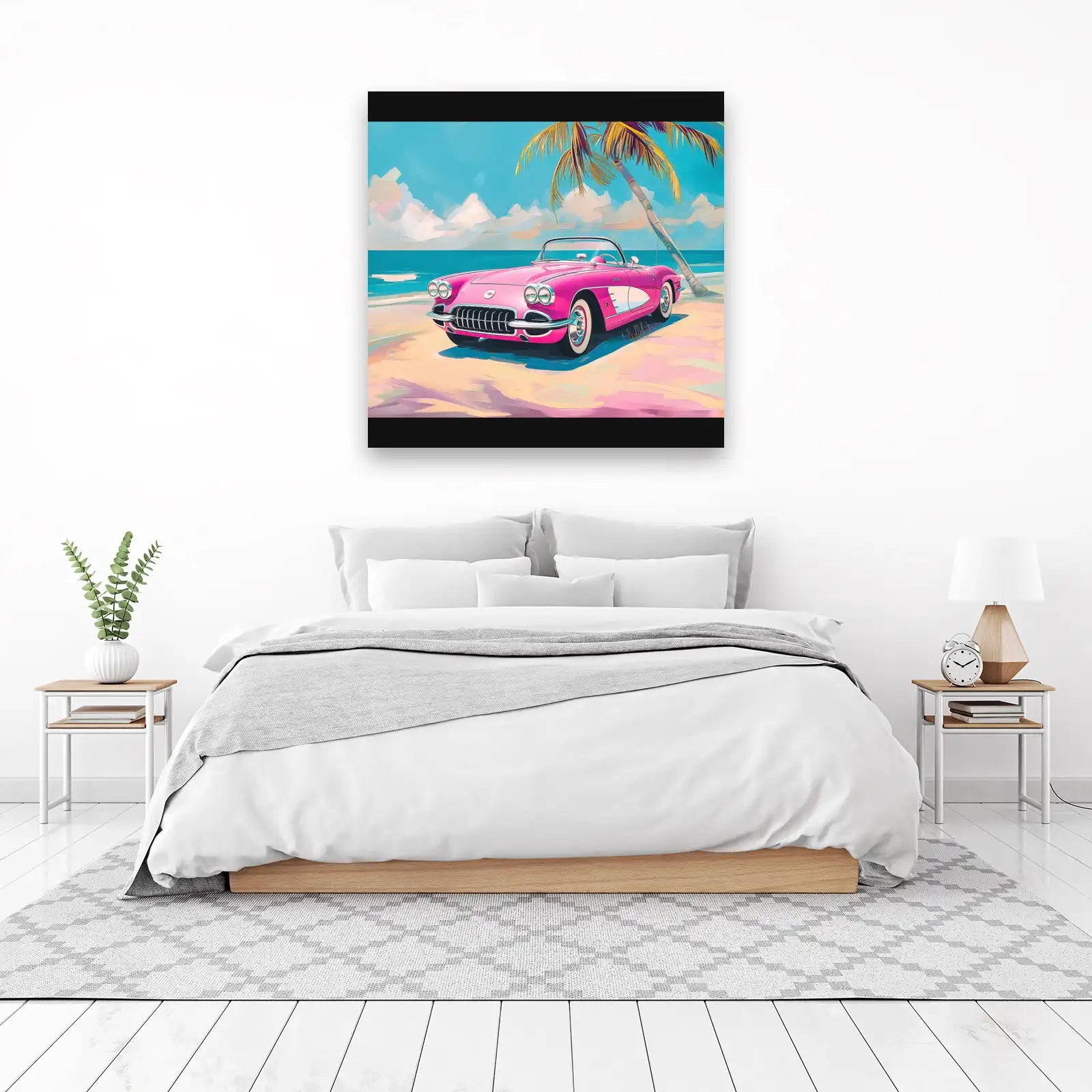 Retro Pink Corvette Beach Wall Art