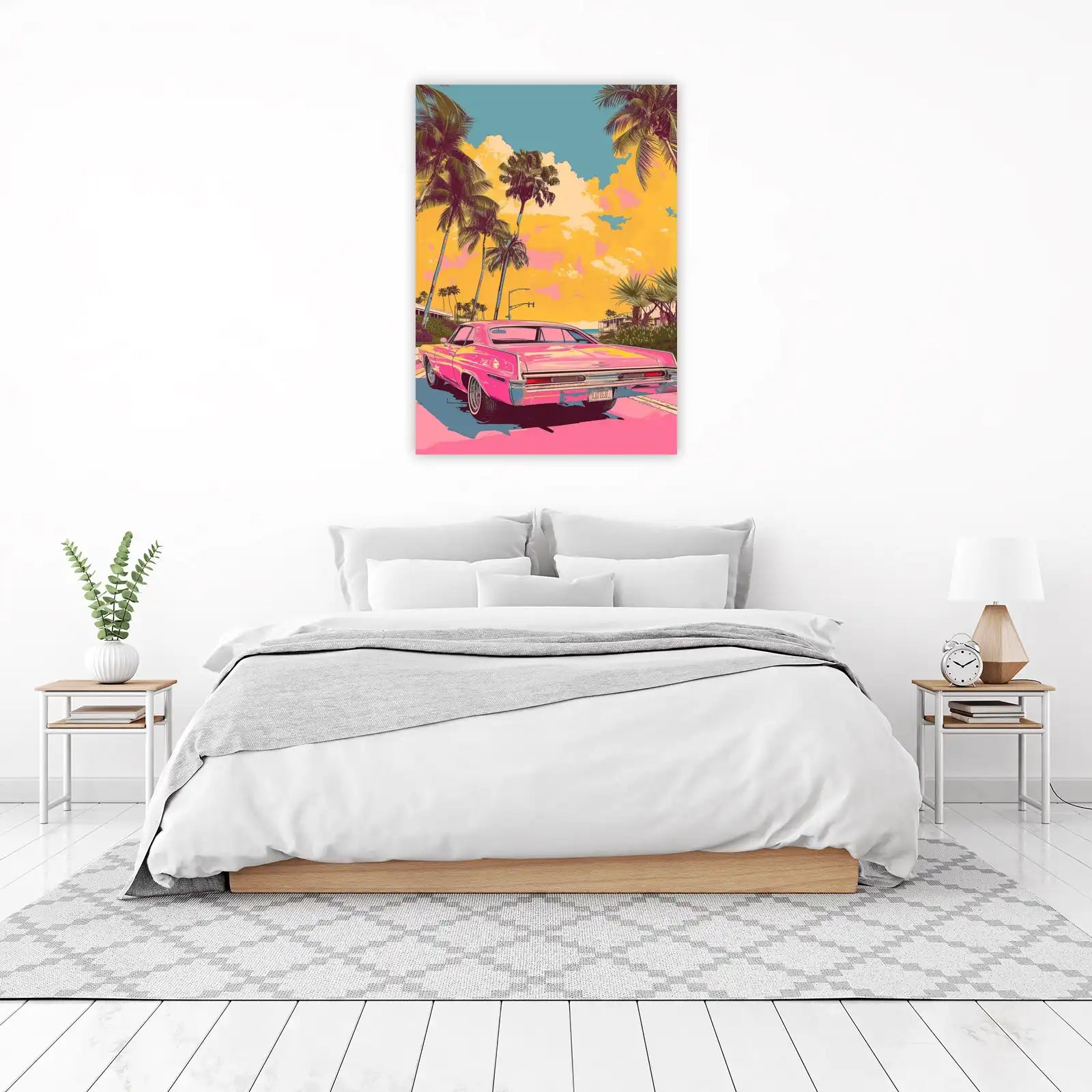Retro Pink Classic Car Palm Trees Wall Art