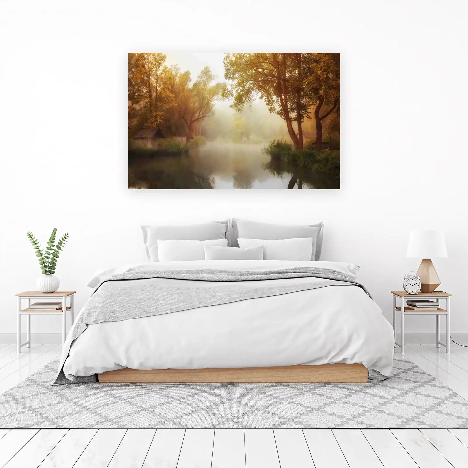 Misty Morning Lakeside Cabin Landscape Wall Art