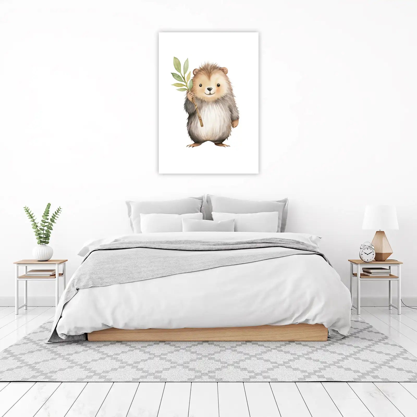 Cute Hedgehog with Leaf Watercolor Wall Art