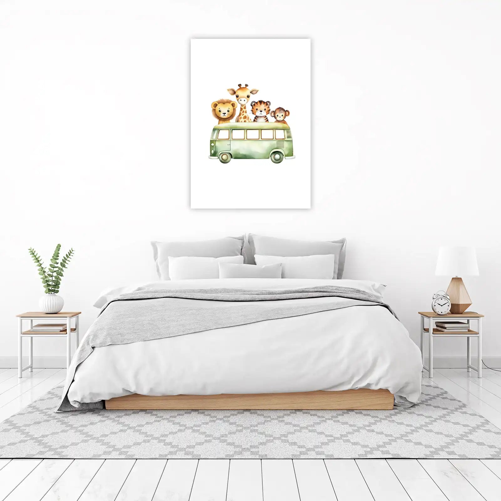Cute Safari Animals Van Watercolor Wall Art