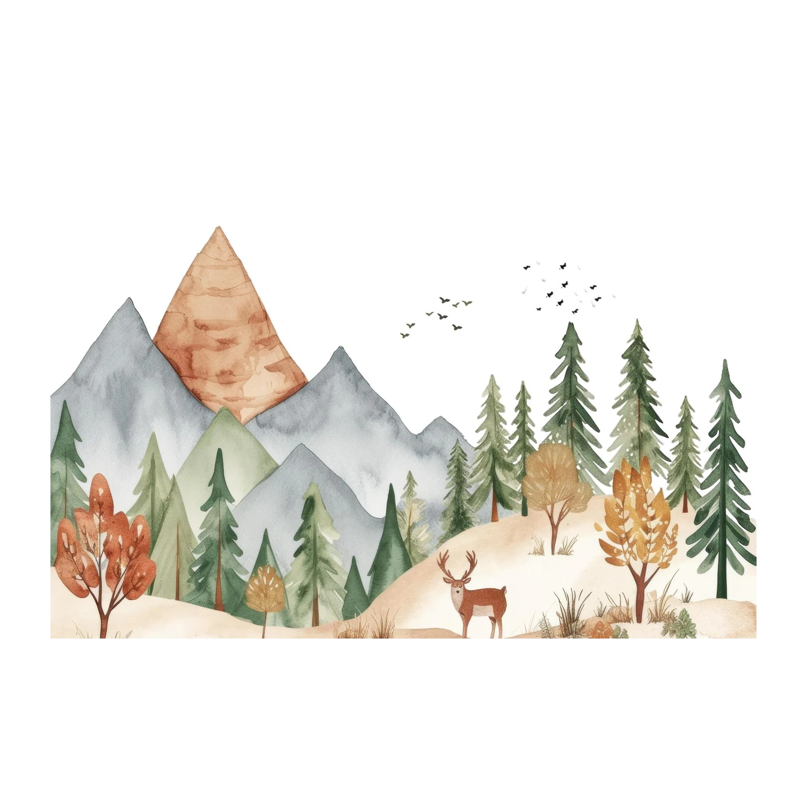 Watercolor Mountain Deer Forest Wall Art