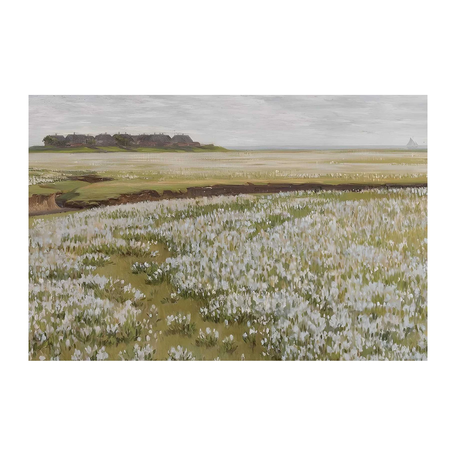 Serene Coastal Meadow with Thatched Cottages Wall Art