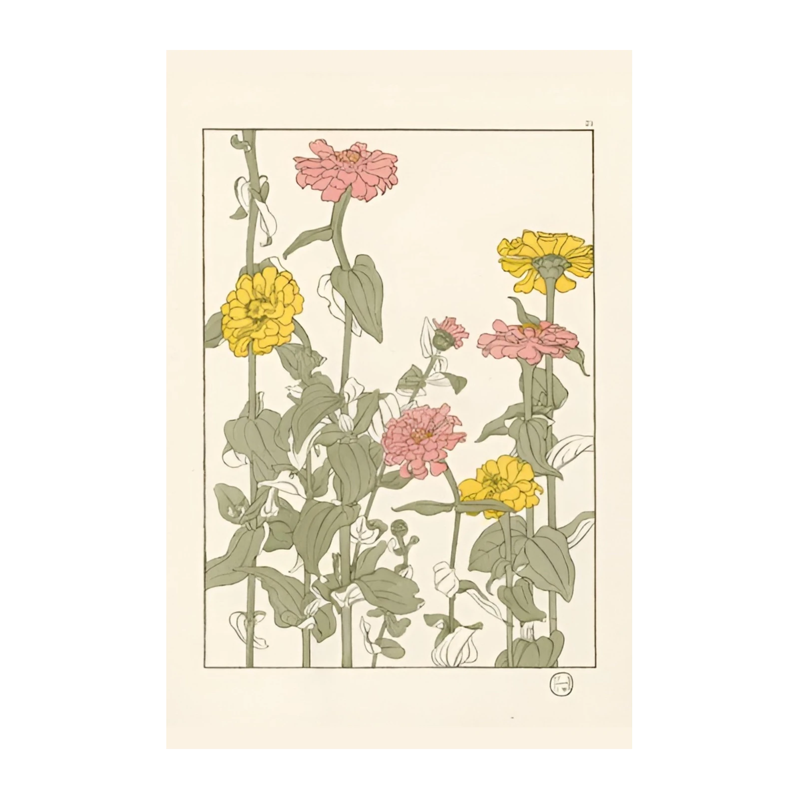 Vintage Floral Art Pink Yellow Zinnia Wall Art