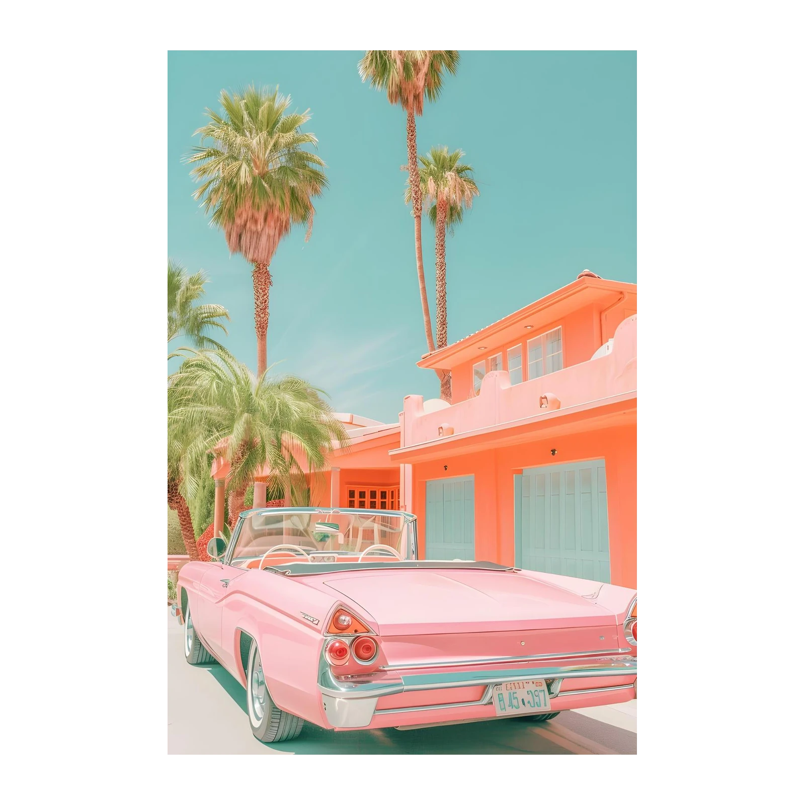 Retro Pink Convertible & Palm Trees Wall Art