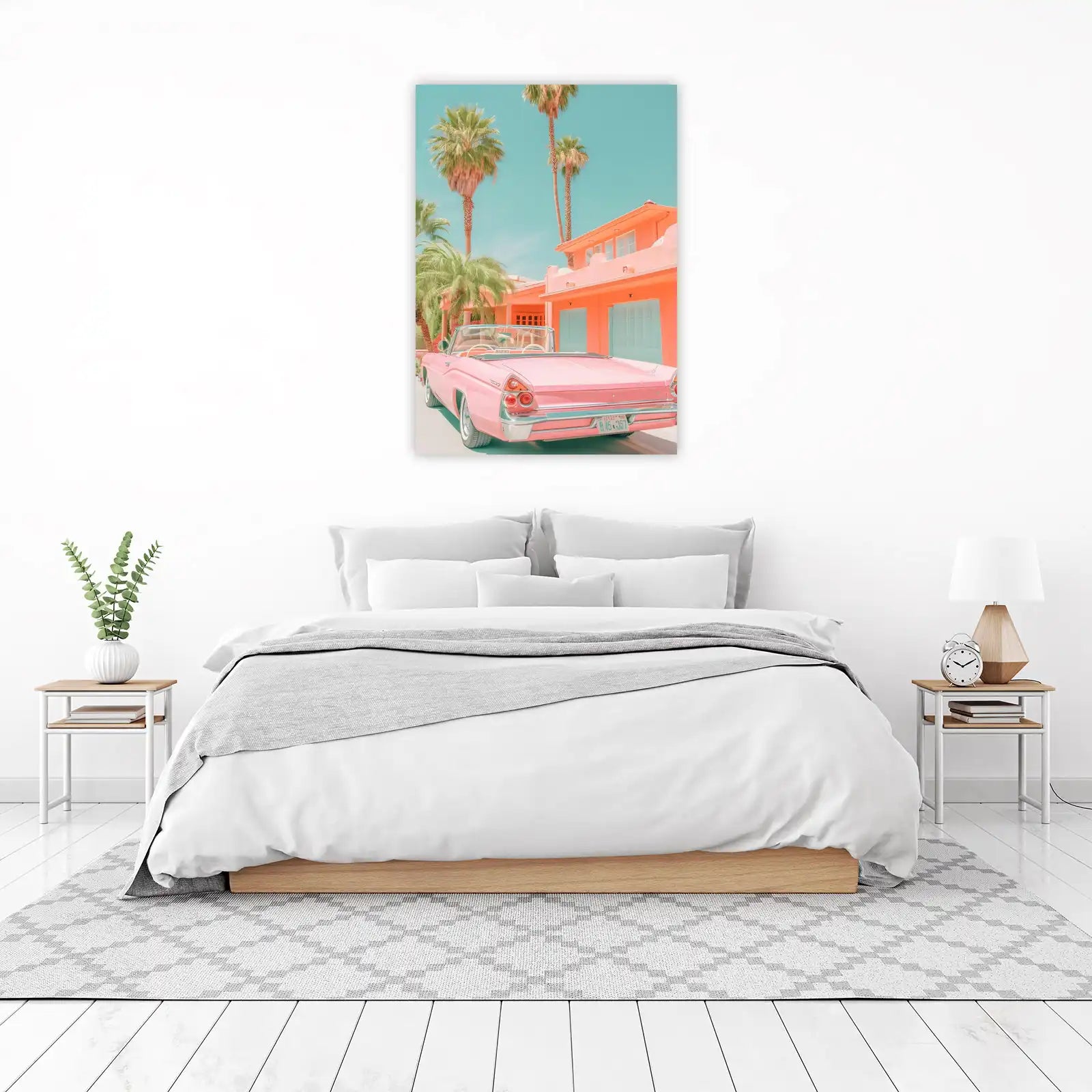 Retro Pink Convertible & Palm Trees Wall Art
