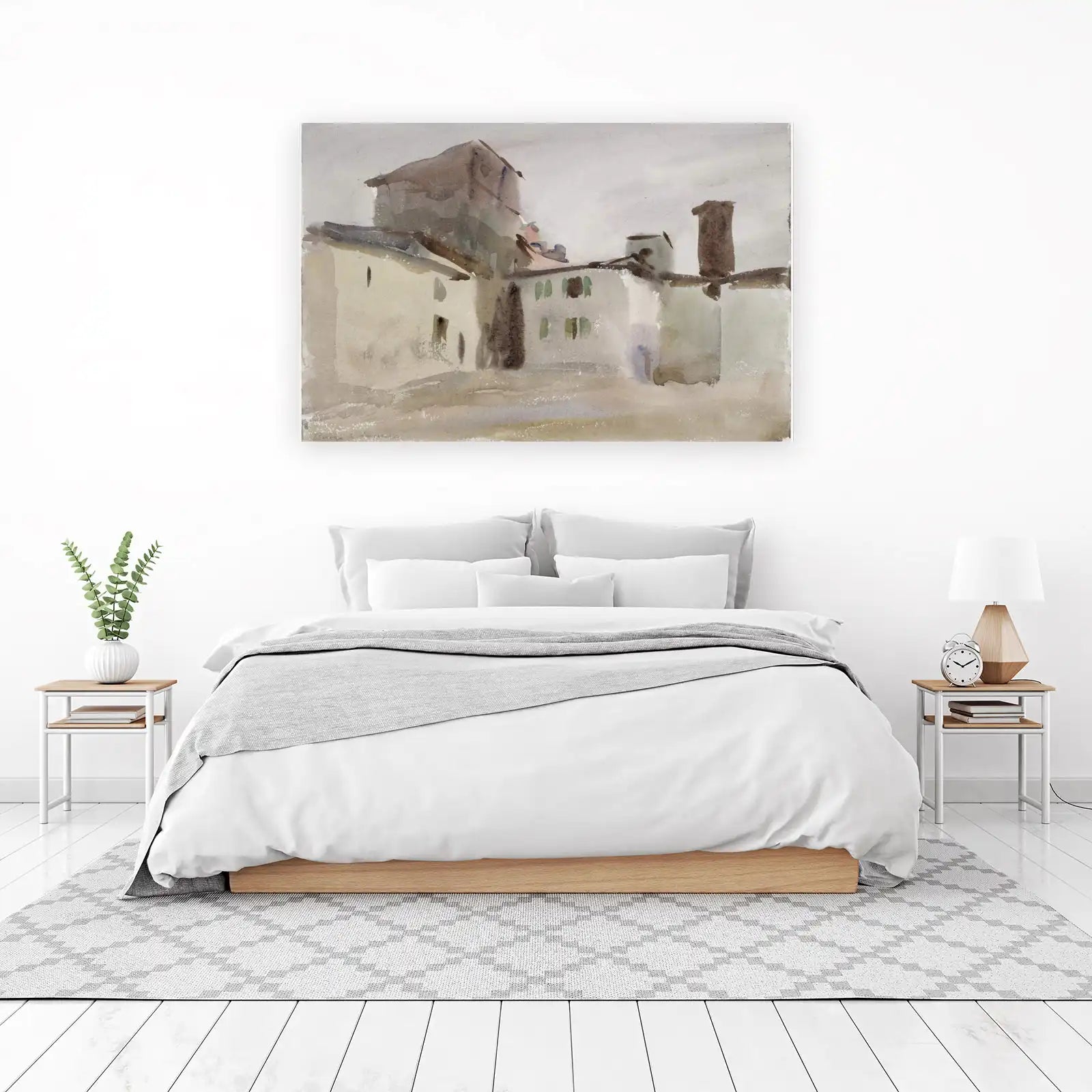 Misty Village Landscape Watercolor Wall Art