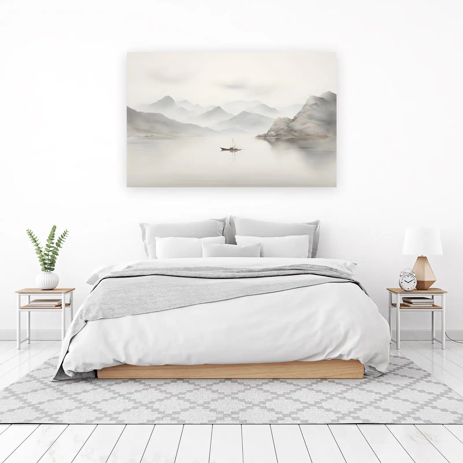 Serene Misty Mountains & Boat Wall Art