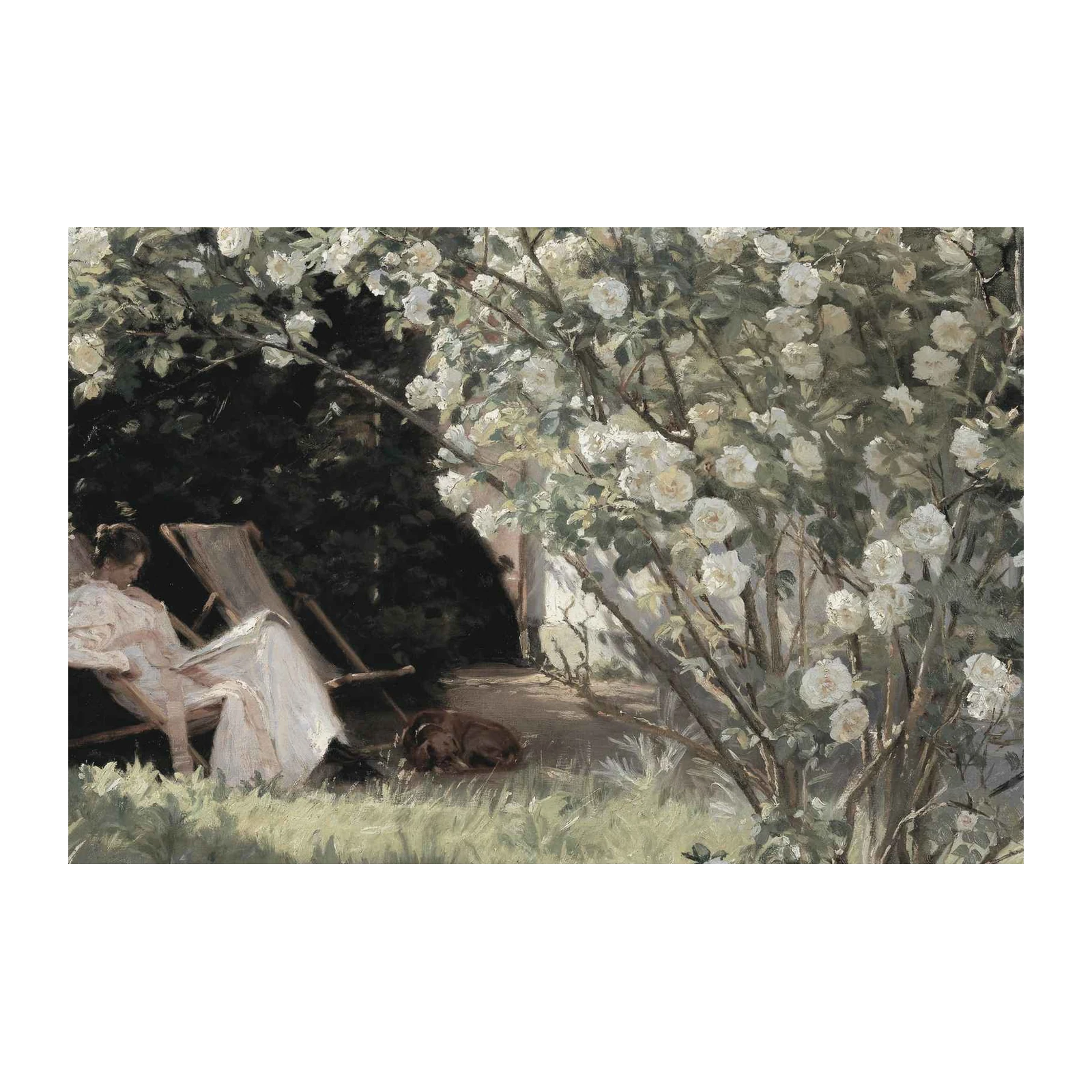 Serene Garden Scene with Woman & Dog Wall Art