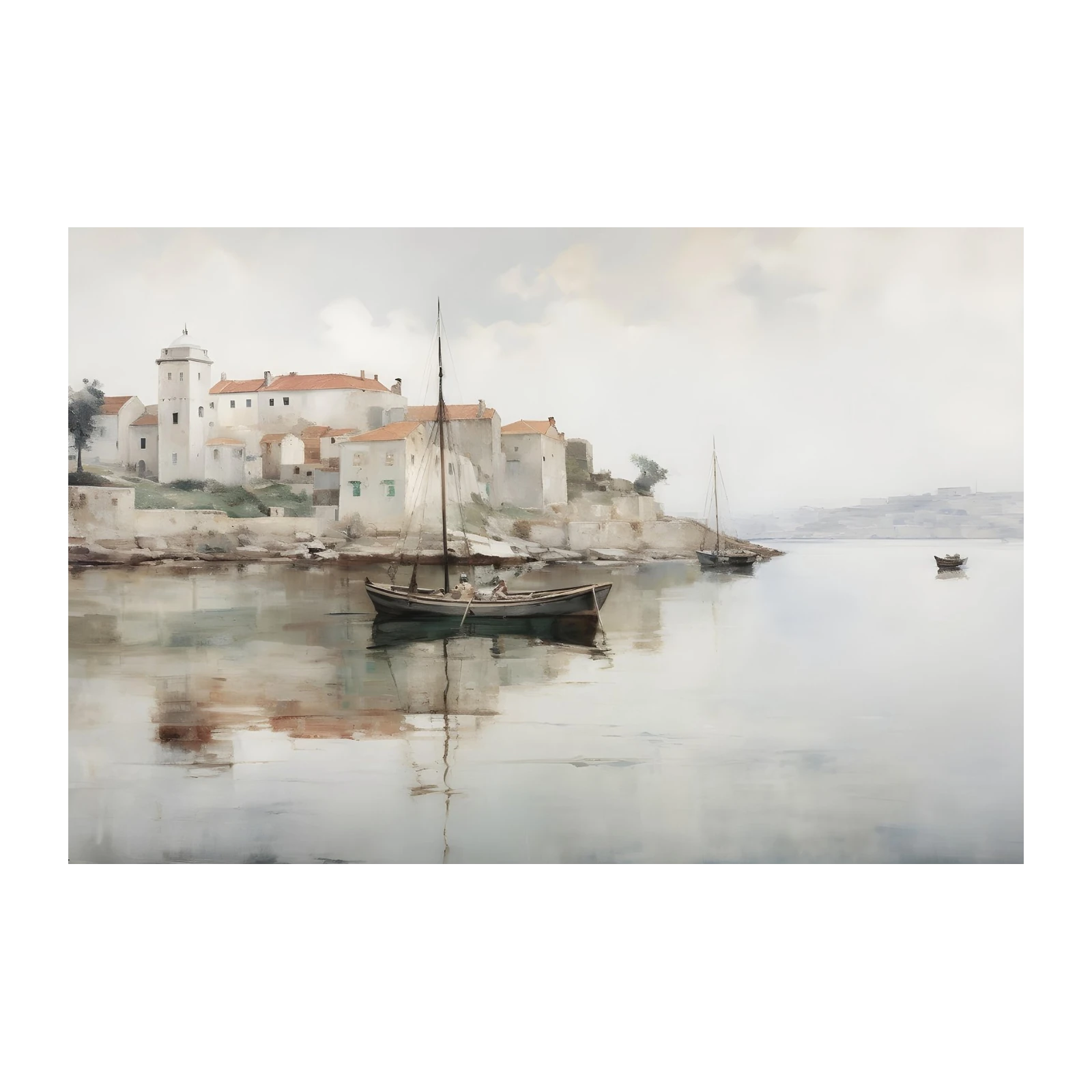 Serene Coastal Village Sailboat Wall Art