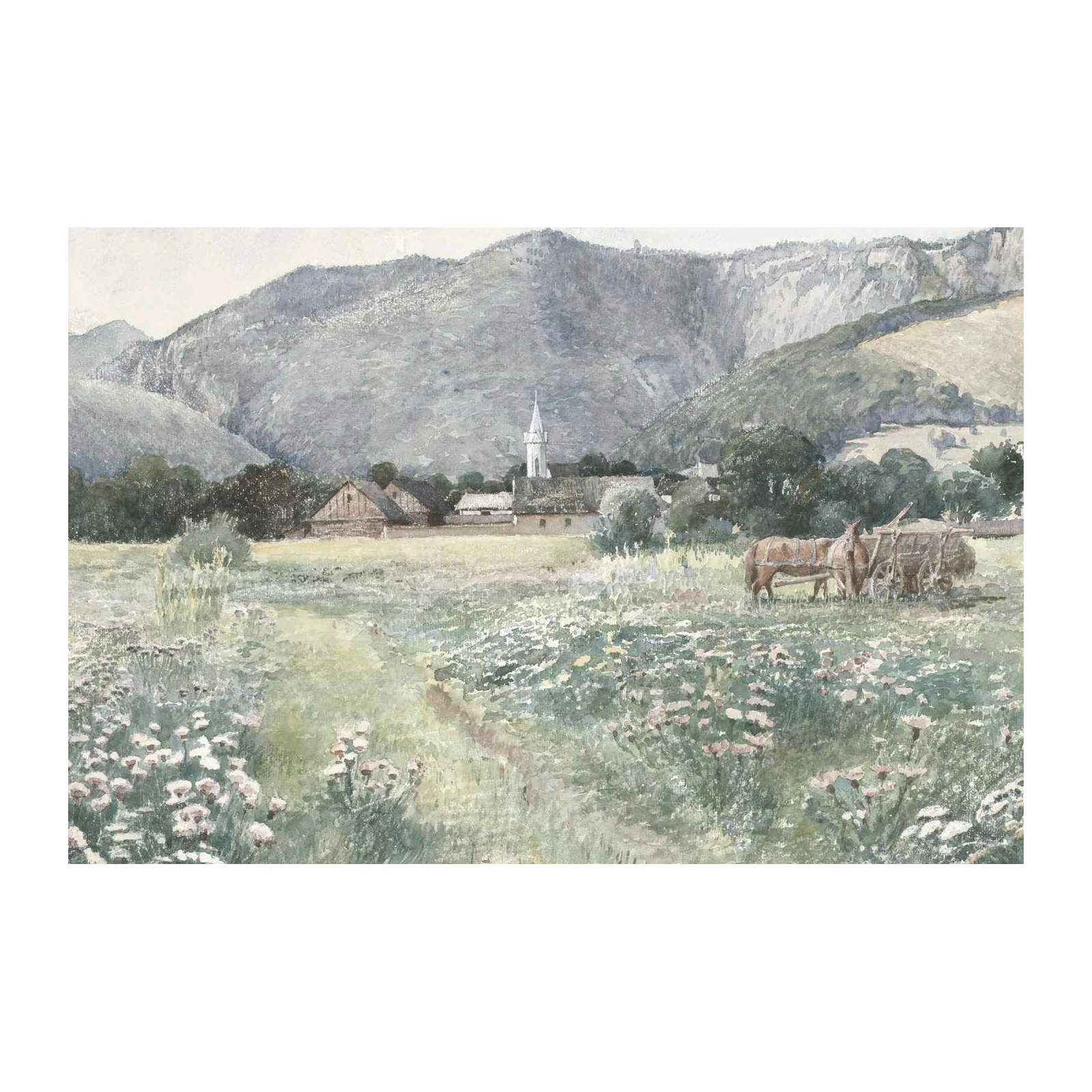 Pastoral Village Landscape Horse Cart Wall Art