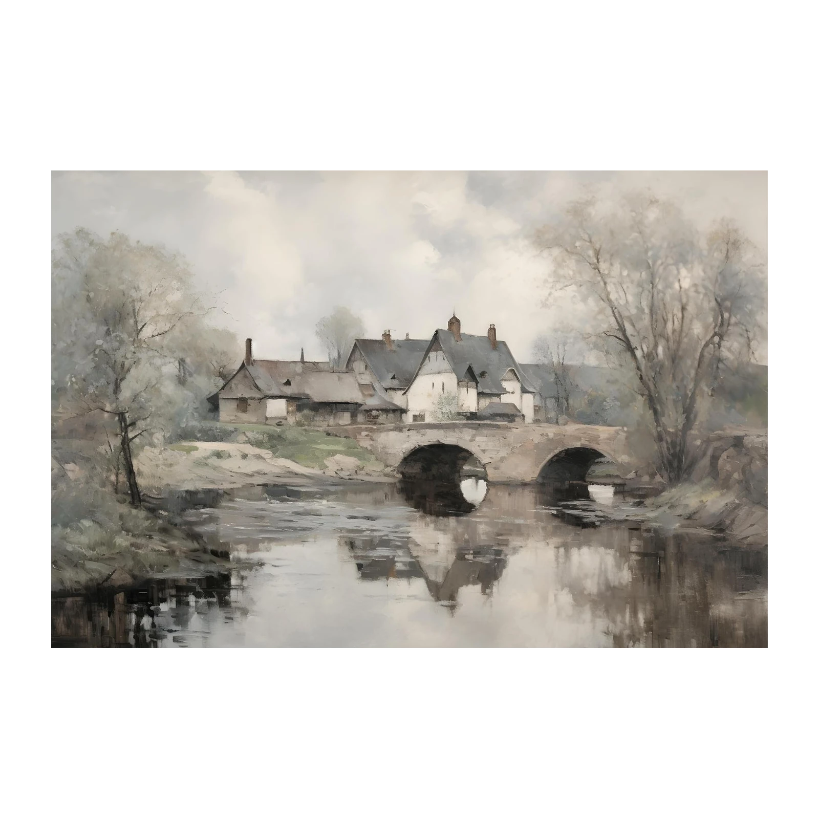 Serene Village Bridge Landscape Wall Art
