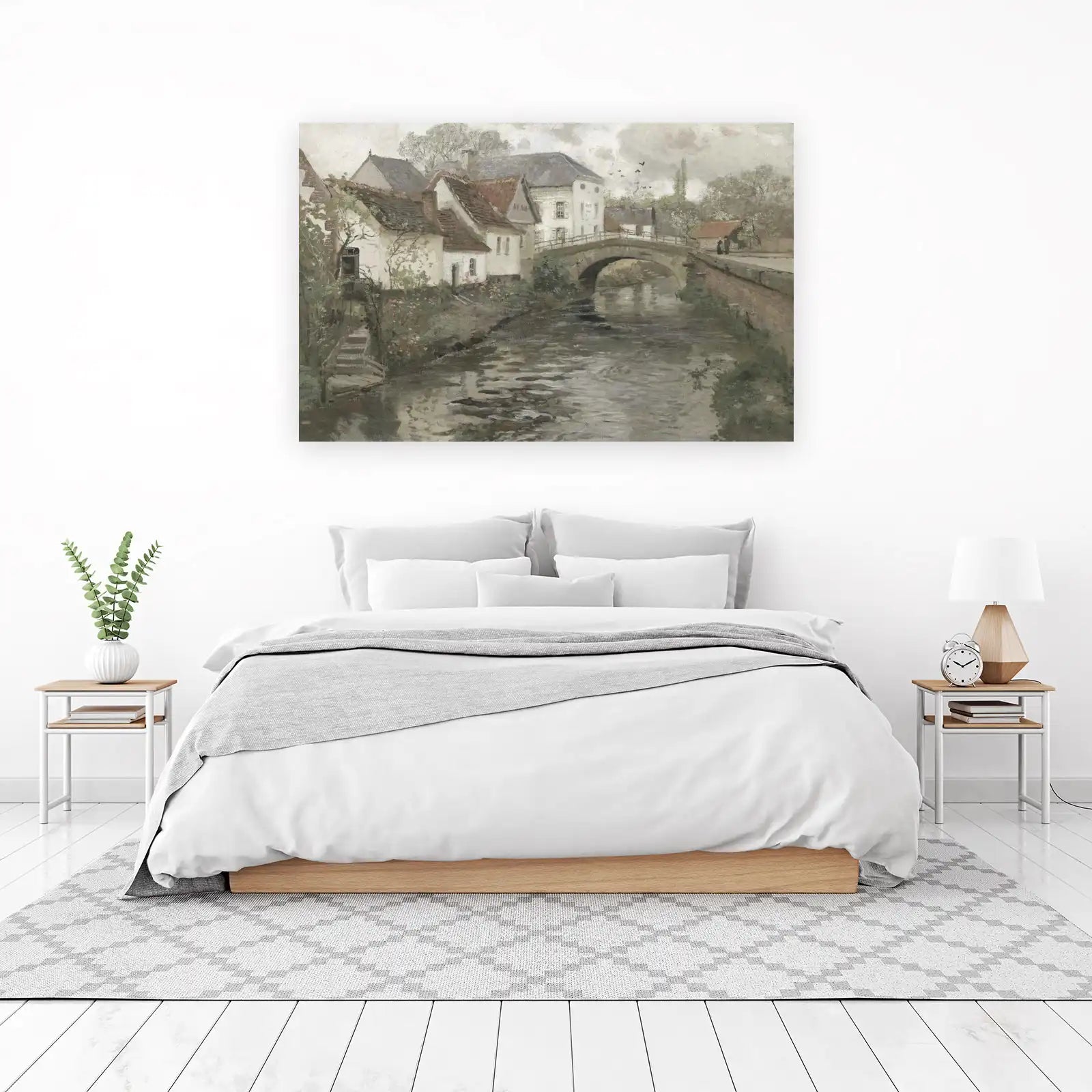 Charming Riverside Village Landscape Wall Art