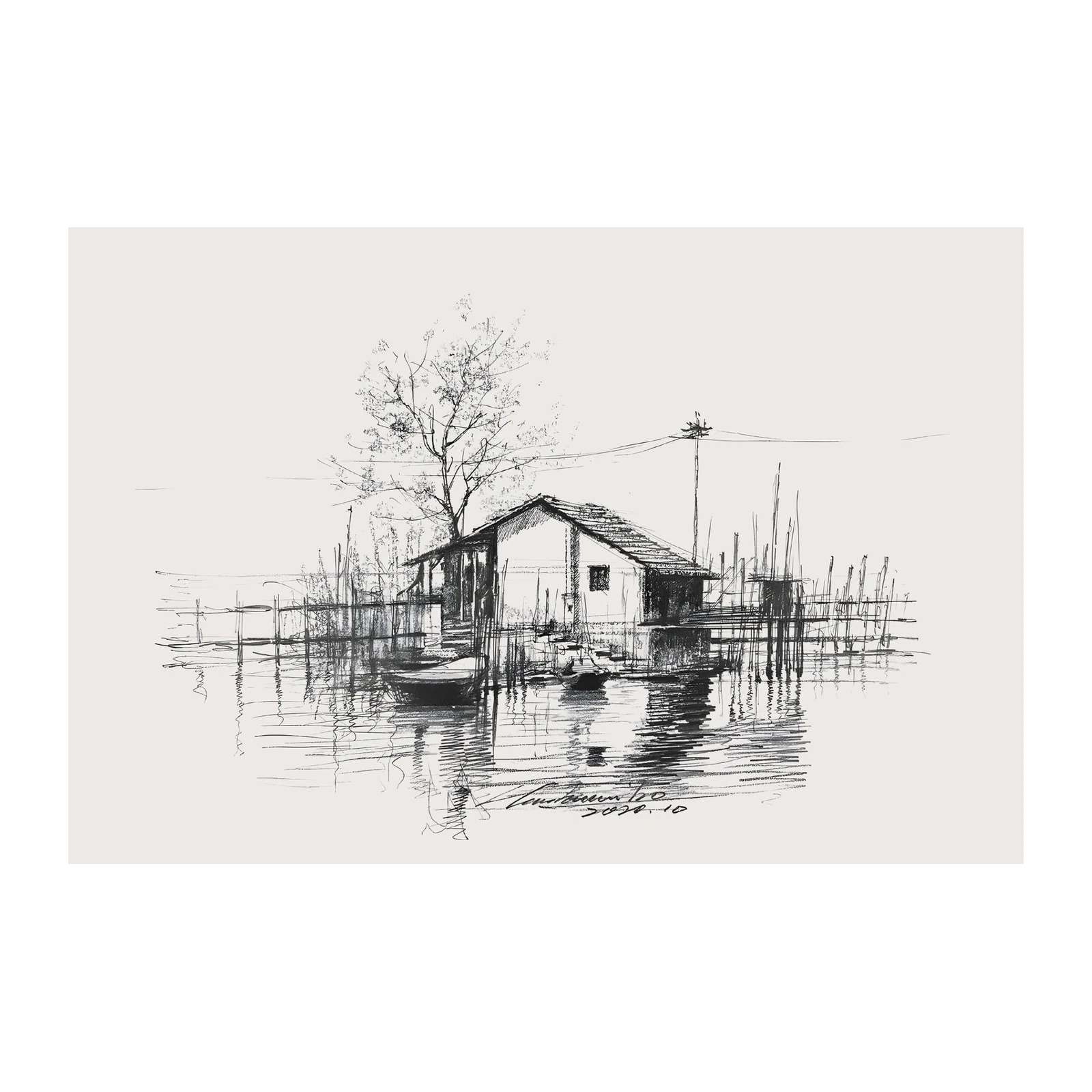 Serene Lakeside Cabin Sketch Wall Art