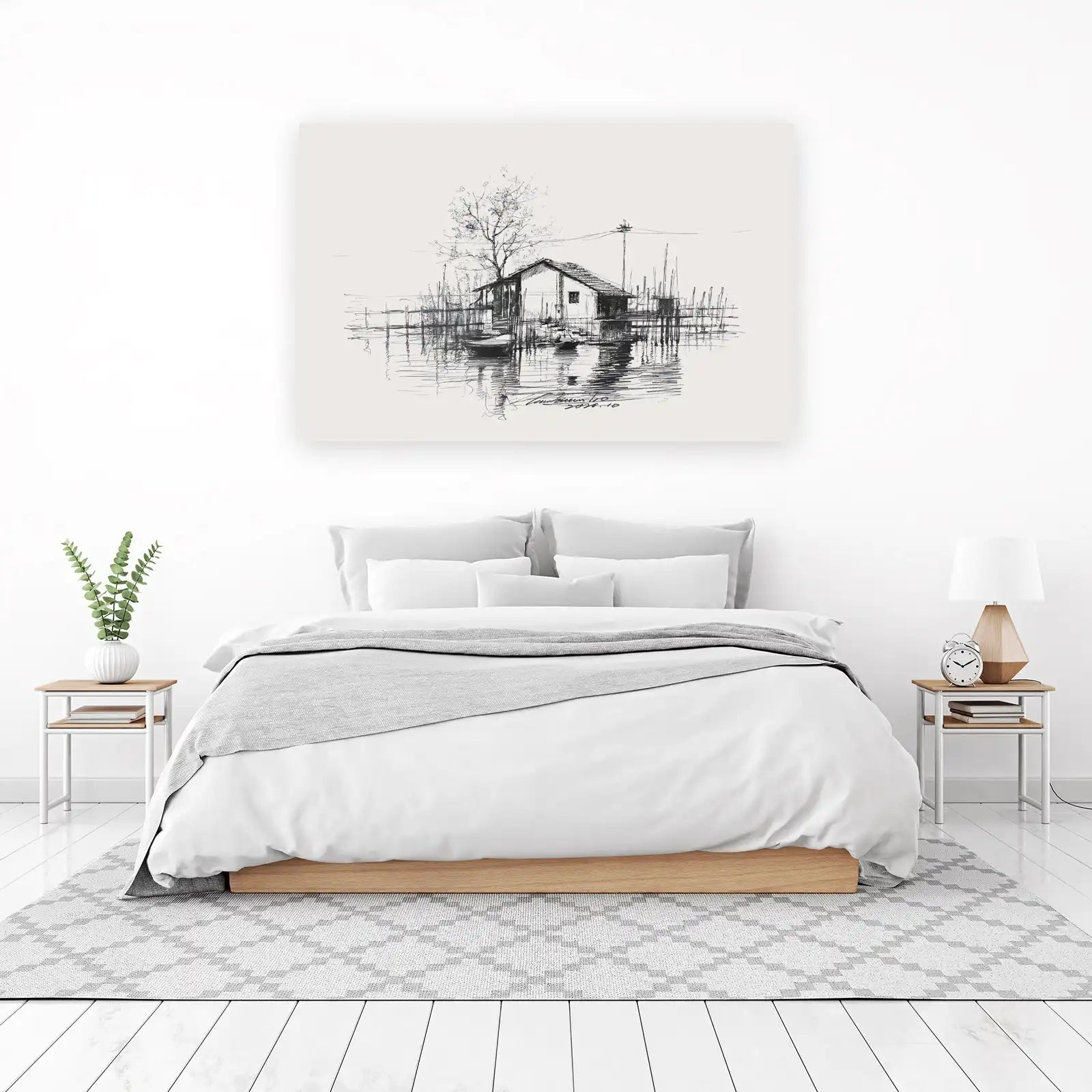 Serene Lakeside Cabin Sketch Wall Art