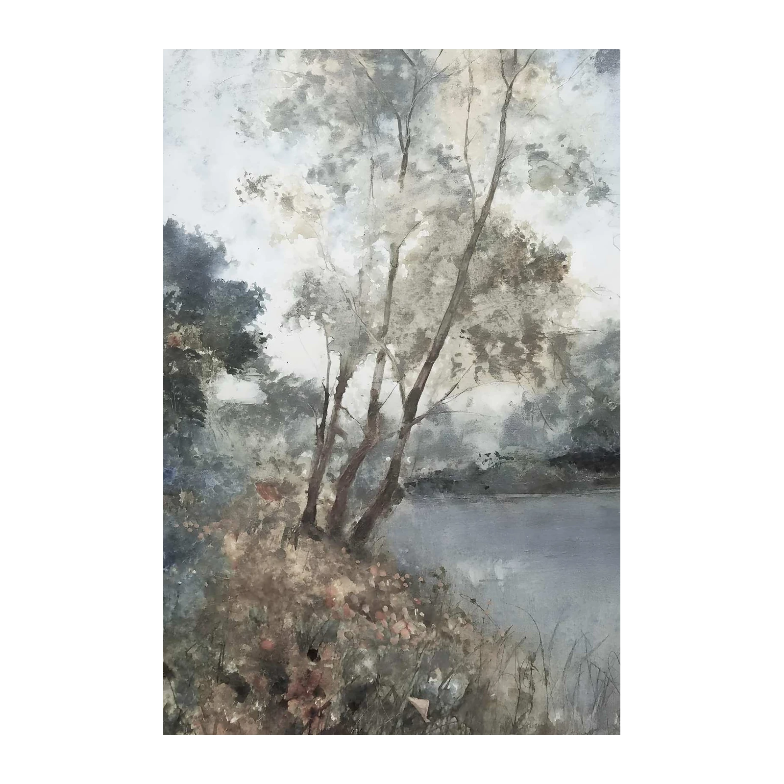 Misty Riverbank Serenity Landscape Wall Art