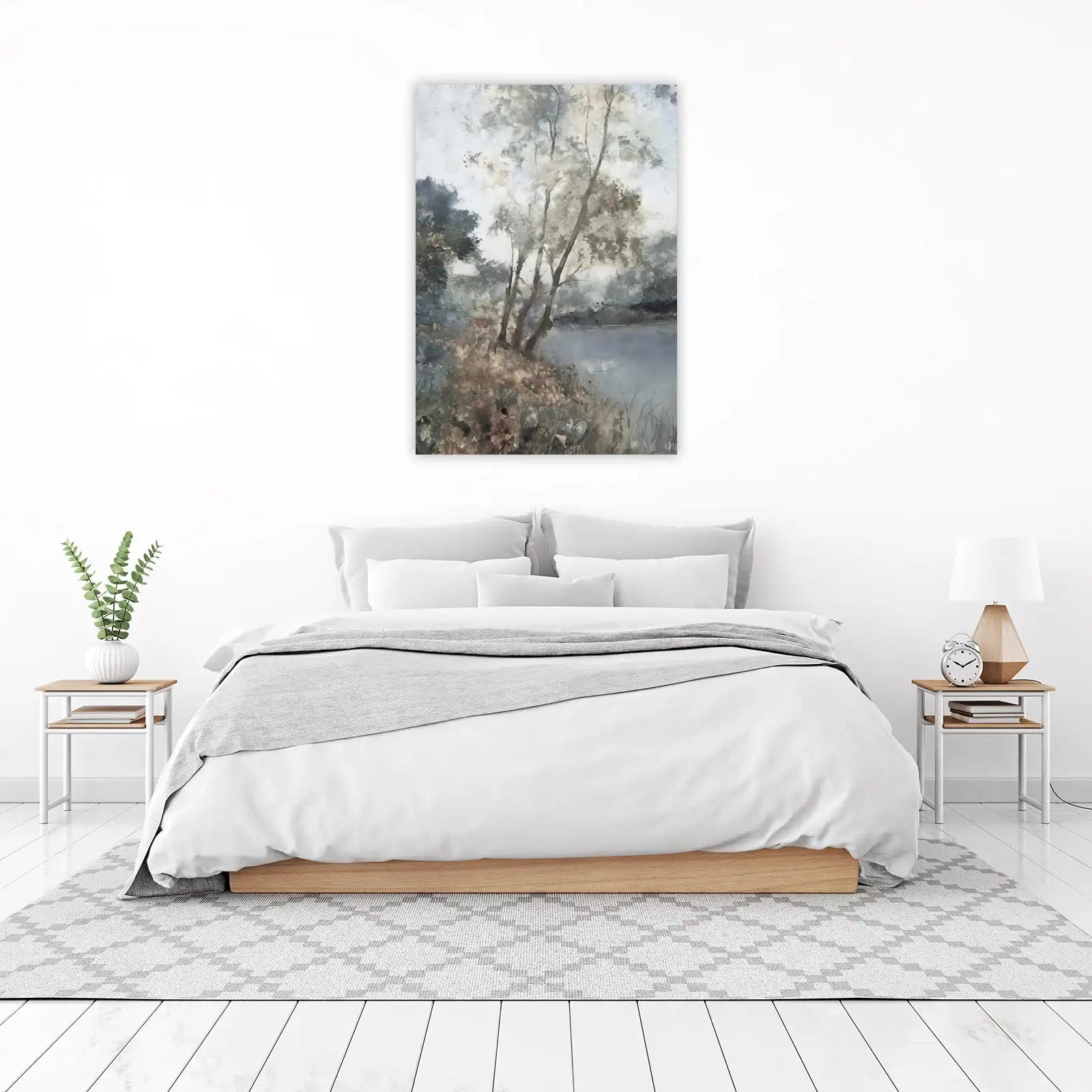 Misty Riverbank Serenity Landscape Wall Art