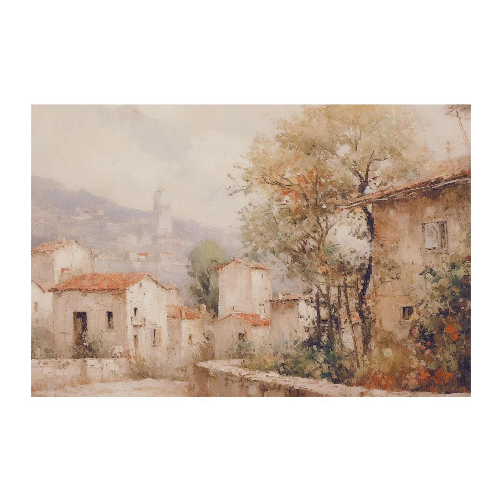 Vintage European Village Landscape Wall Art