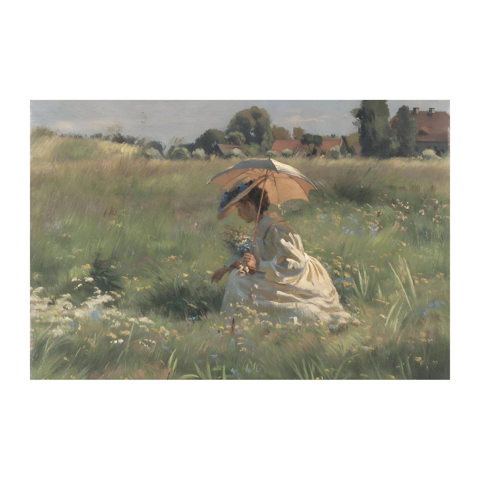Serene Meadow Lady with Umbrella Wall Art