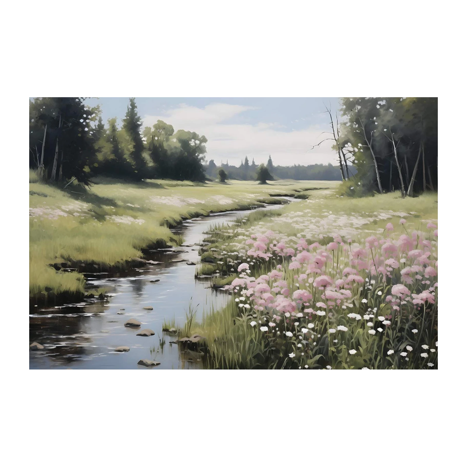 Serene Meadow Stream Floral Landscape Wall Art