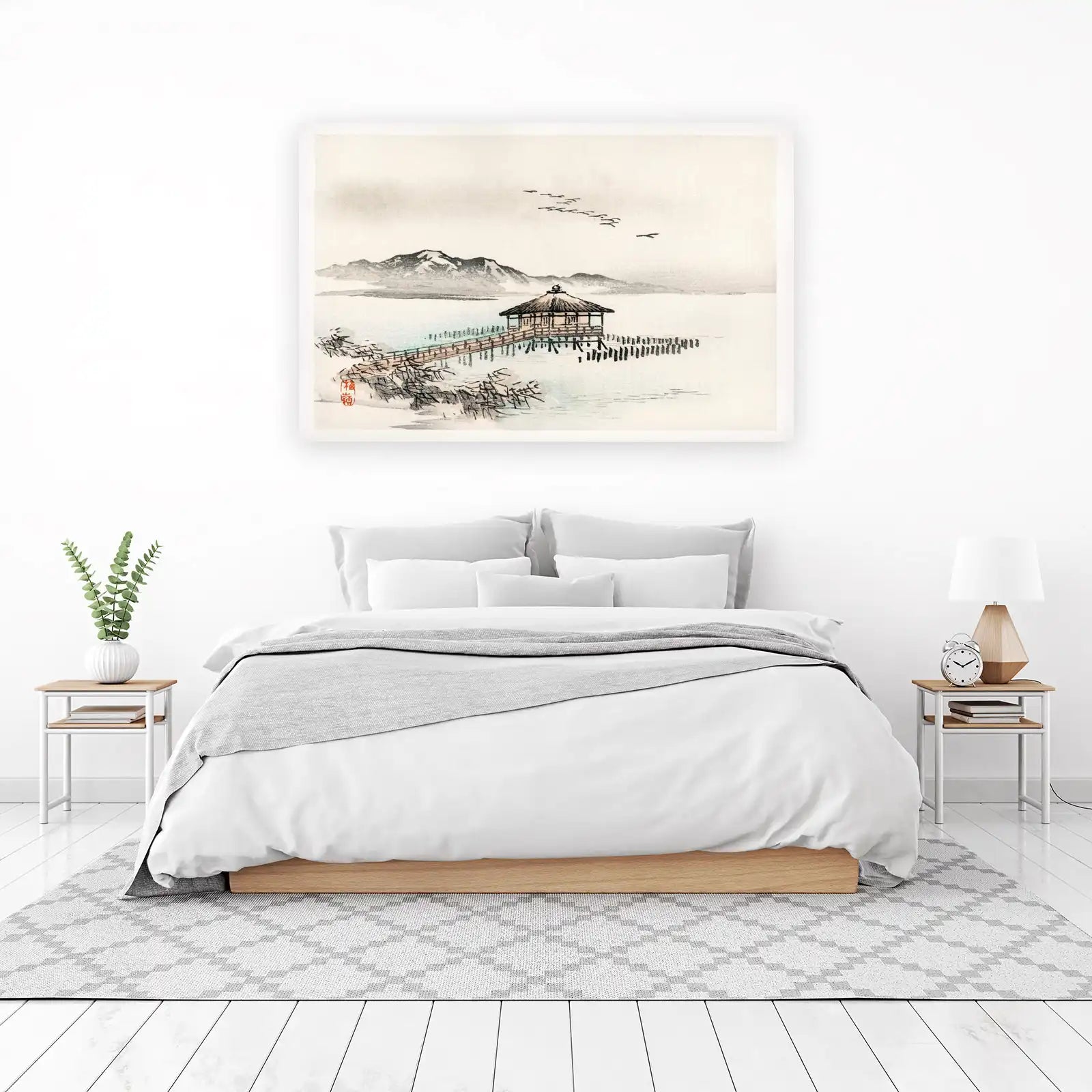 Serene Japanese Pier & Mountains Wall Art