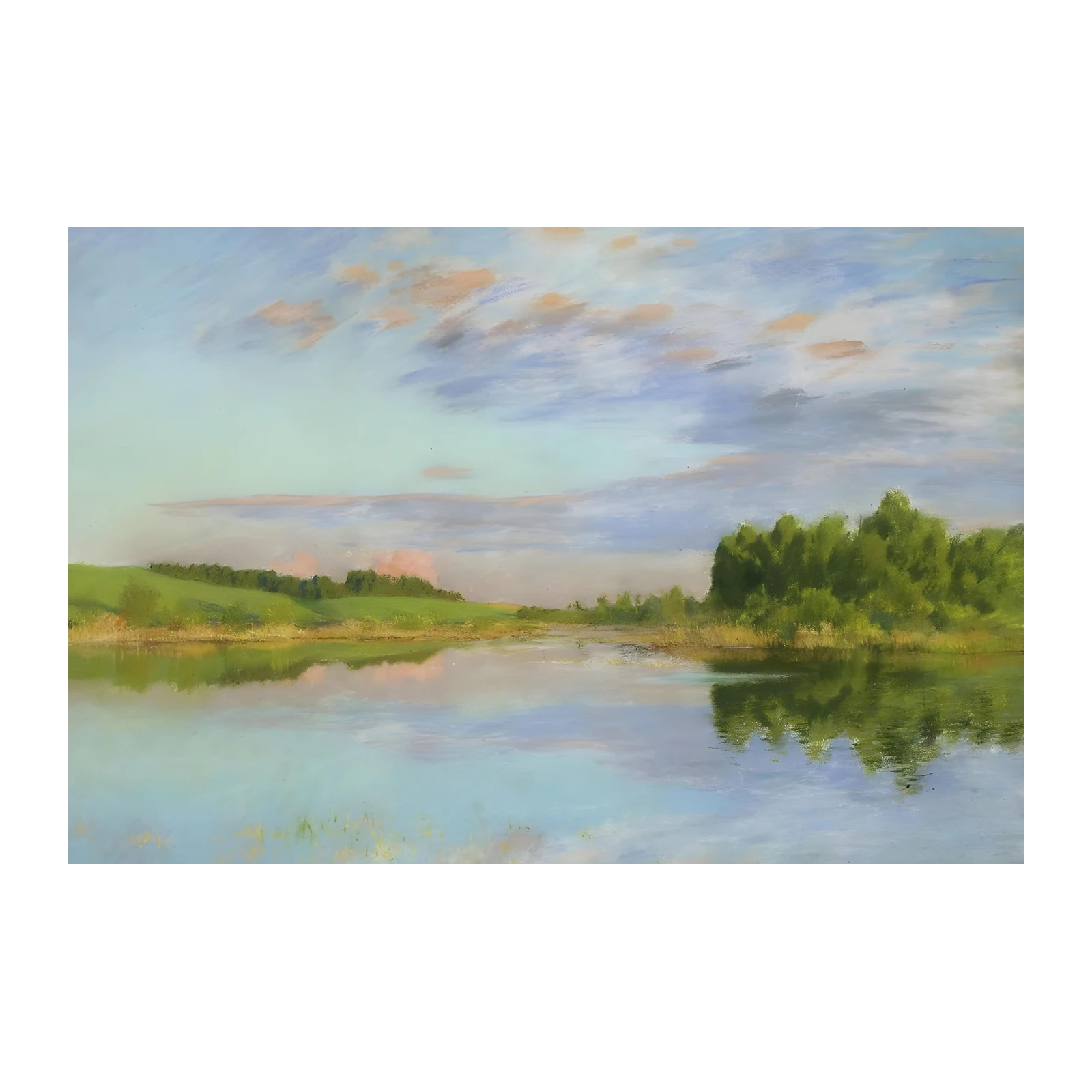 Serene Lakeside Landscape Pastel Wall Art