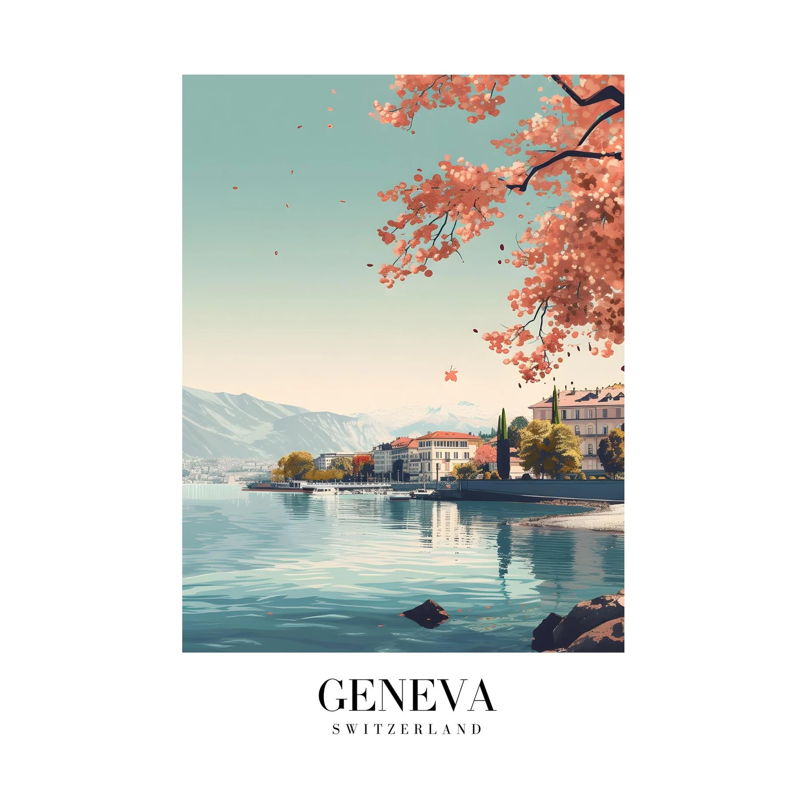Tranquil Geneva Waterfront Spring Blossom Wall Art